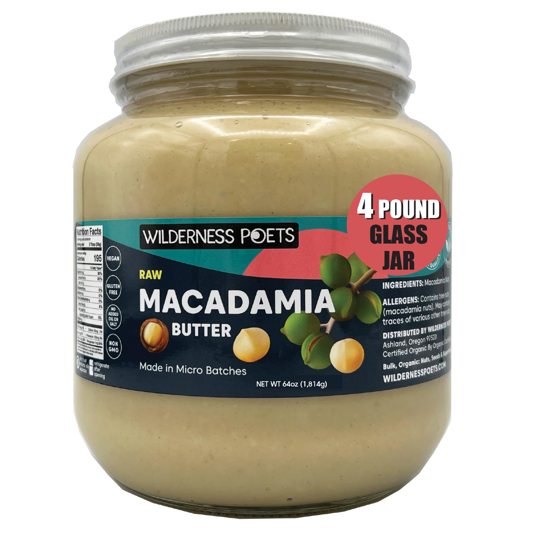 Organic Raw Macadamia Nut Butter - 64oz (4lb) Glass Jar - Vegan, Paleo, Keto-Friendly - Perfect for Smoothies, Baking & Healthy Snacks