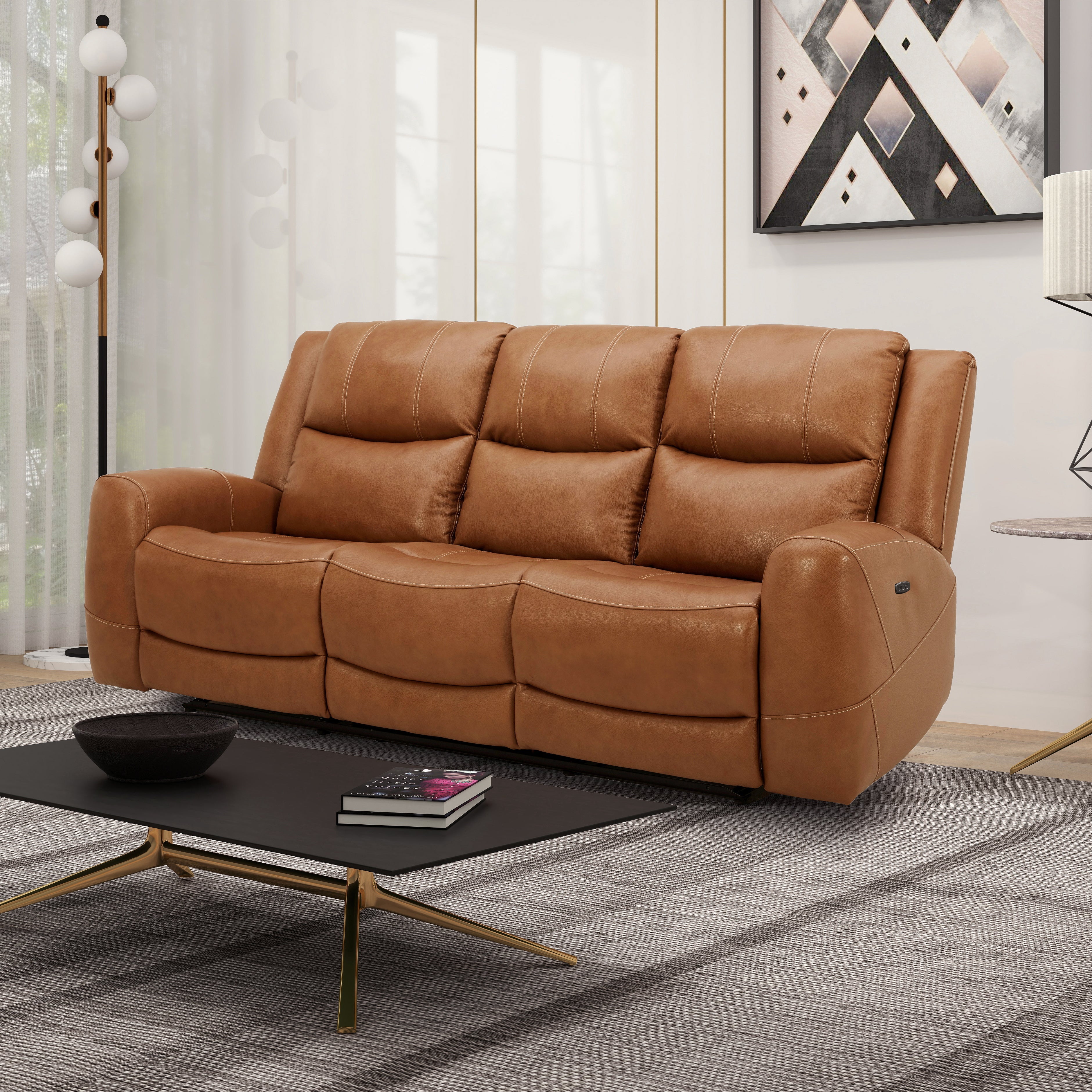 Roundhill Furniture Cozura Genuine Leather Power Dual Reclining Sofa - 3-Seater Living Room Couch with USB Charging for Home Theater & Family Relaxation