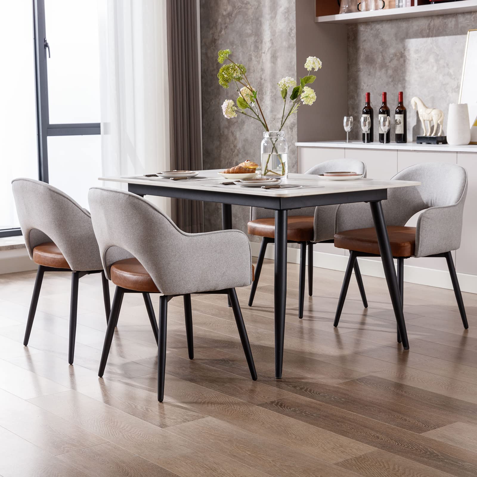DUOMAY Modern Swivel Dining Chairs Set of 6 - Linen & Faux Leather Upholstered Accent Side Chairs for Home Office Desk, No Wheels - Light Grey for Dining Room, Living Room & Office Decor