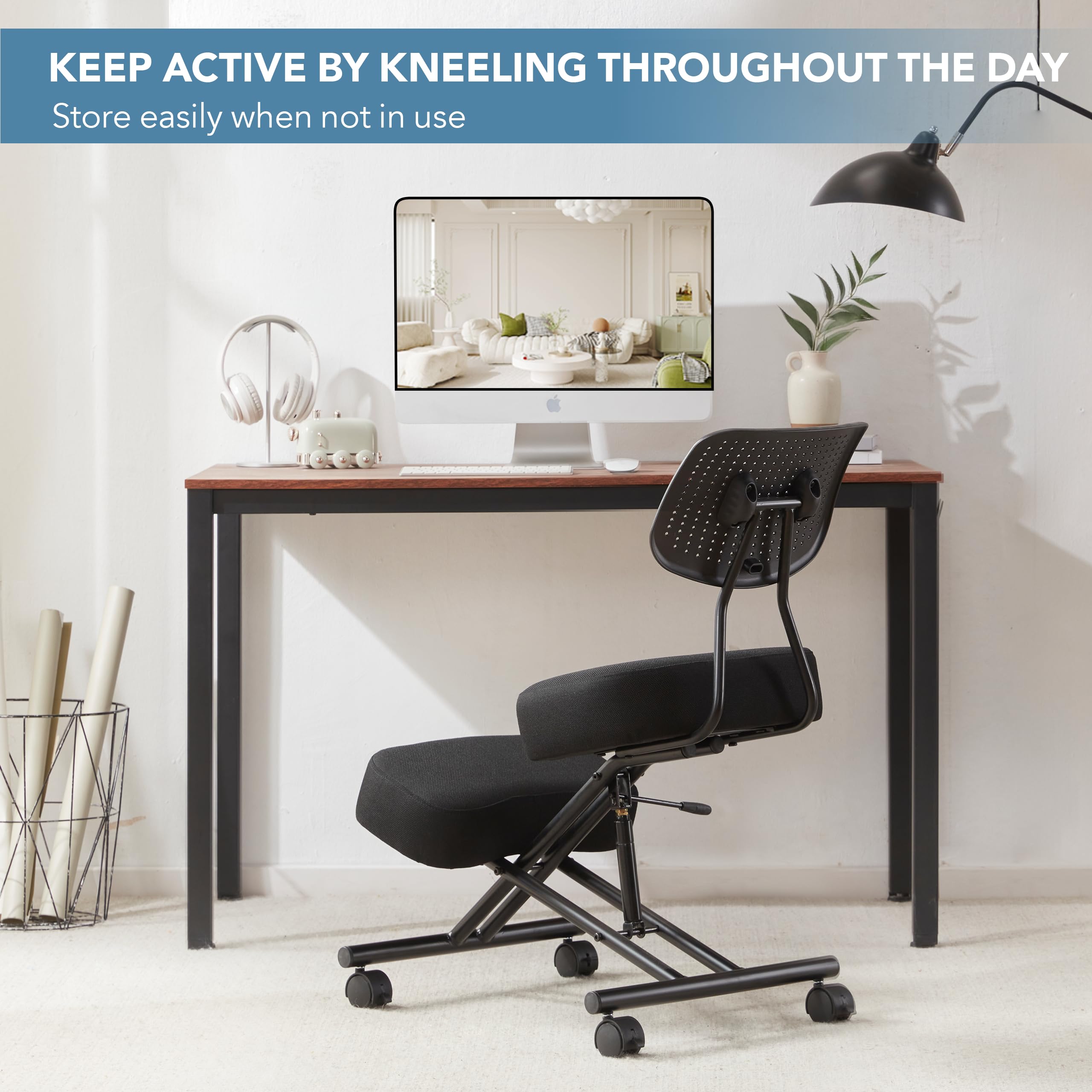 Ergonomic Kneeling Chair with Back Support - Adjustable Posture Stool for Office & Home Use, Black Linen Fabric with Brake & Gliding Casters - Relieves Back Pain, Improves Posture | Perfect for Home Office, Meditation & Reading Nook