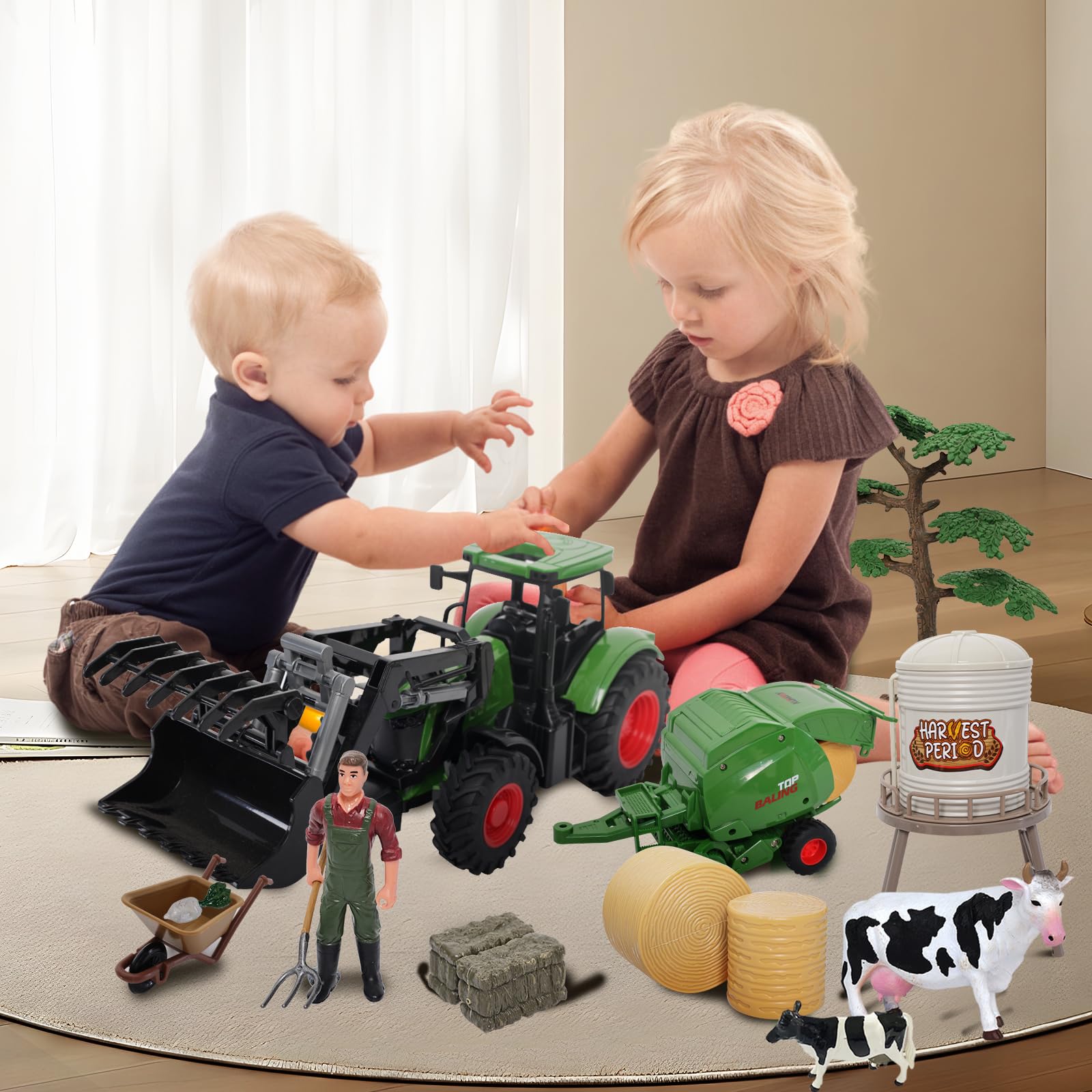 Farm Tractor Toys Set with Round Baler, Barn, Farmer & Animals - Educational Farm Playset for Kids Ages 3-7 | Pretend Play, Learning & Gift for Toddler Boys & Girls | Perfect for Birthday, Christmas & Farm-Themed Playtime