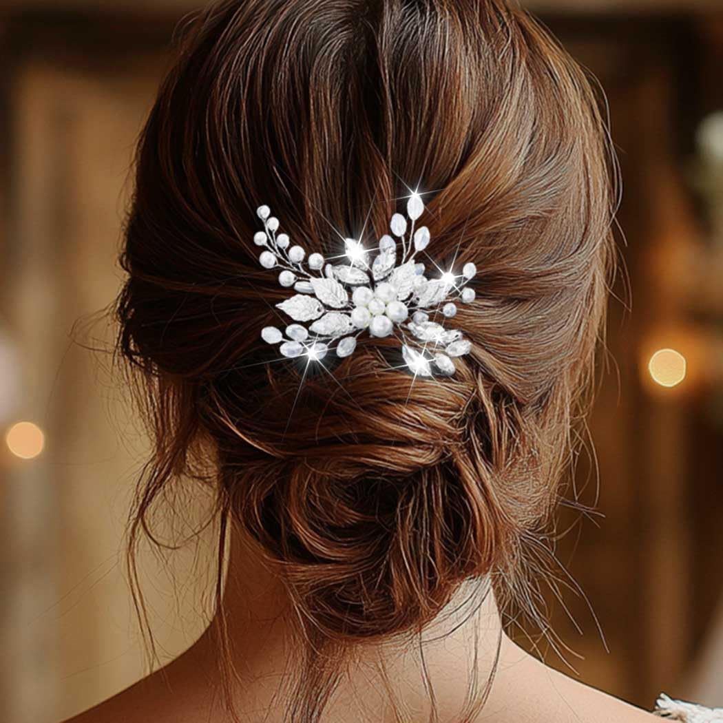 Pearl Bridal Hair Pins - Silver Leaf Rhinestone Hair Accessories for Wedding & Parties