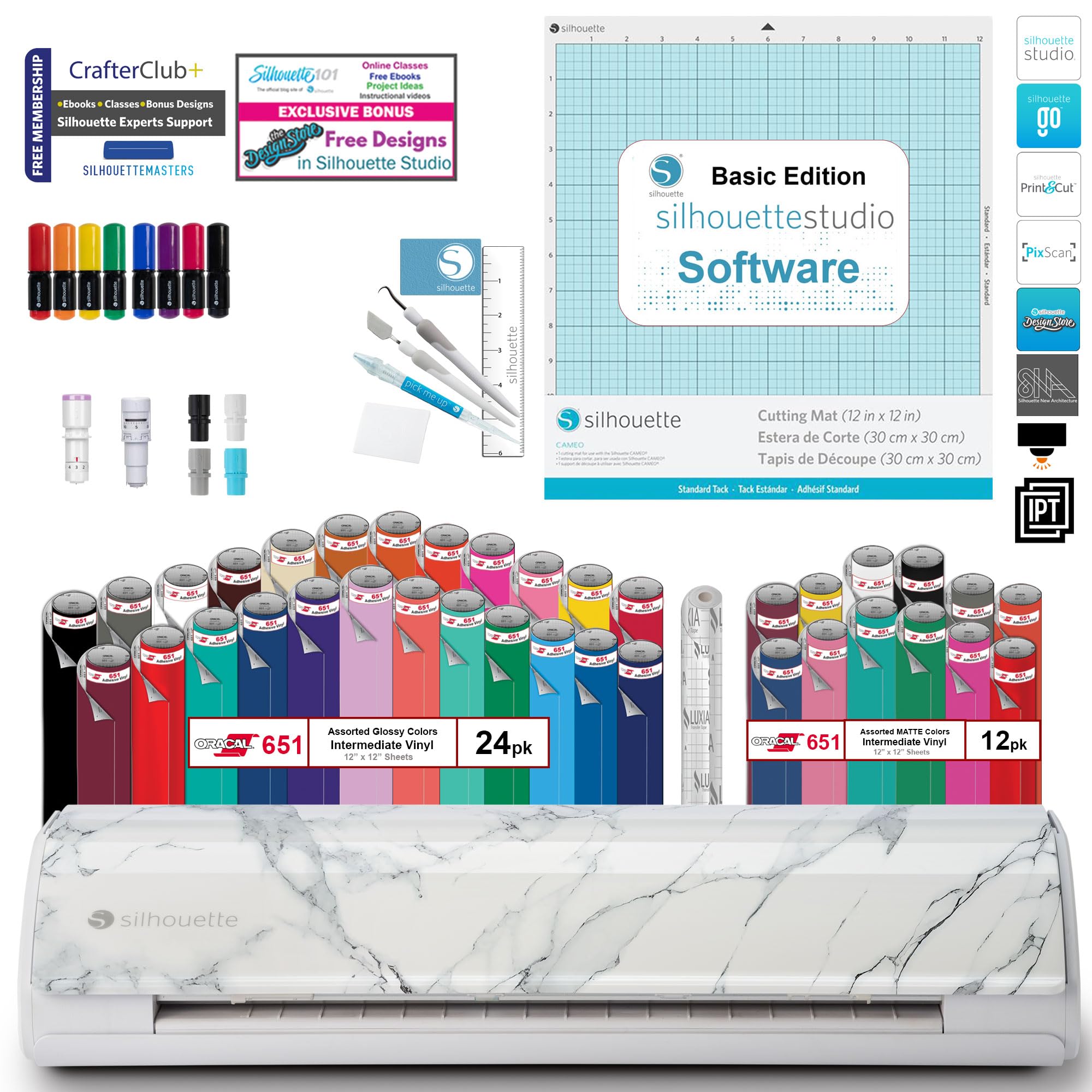 Silhouette Cameo 5 Vinyl Cutting Machine Bundle - 36 Sheets of Premium Vinyl, Tool Kit, Blade, Pens & Startup Guide with Bonus Designs (Marble) - Perfect for DIY Crafts, Home Decor, and Personalized Gifts