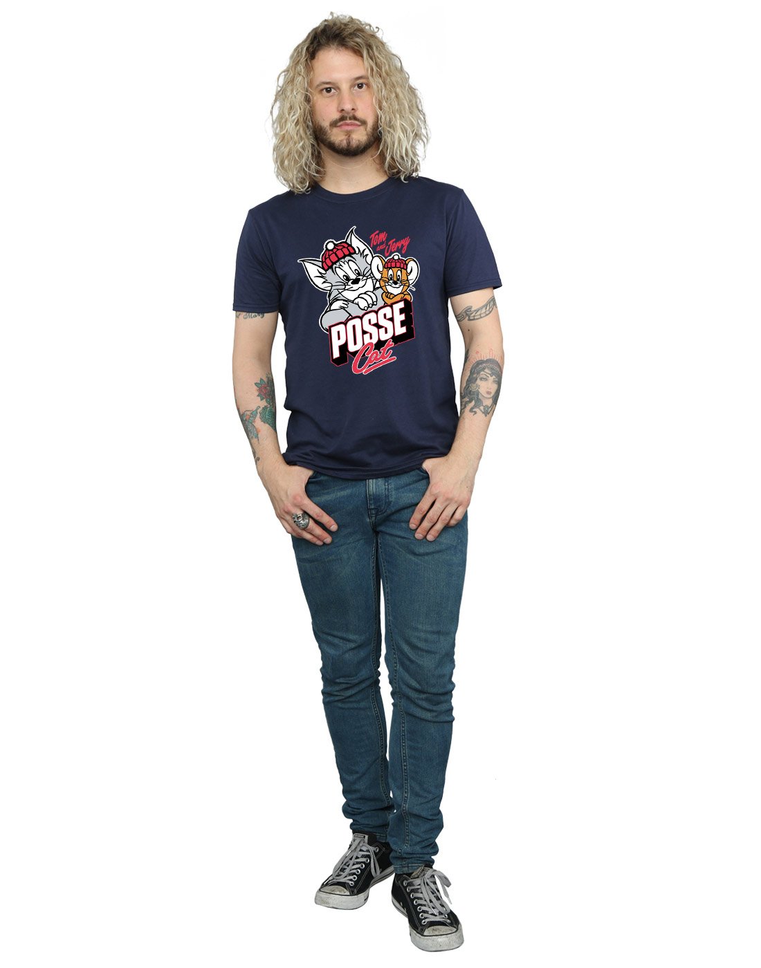 TOM and JERRY Men's Graphic T-Shirt - Large Navy Blue Cat & Mouse Cartoon Tee - Perfect for Casual Wear, Cosplay, and Gift Giving