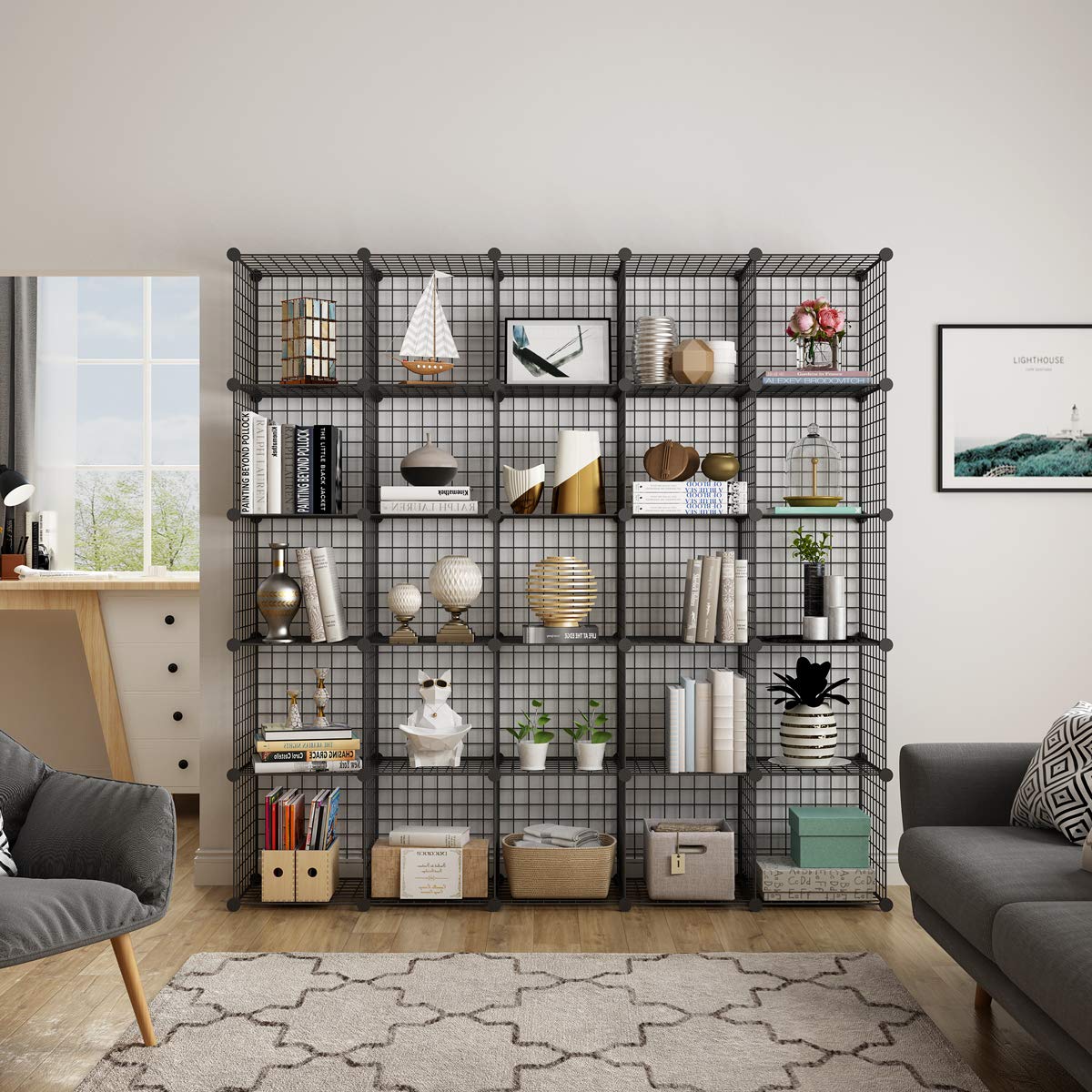 KOUSI 25-Cube DIY Wire Storage Shelf - Modular Metal Grid Organizer, Stackable Cubby Shelving for Closet, Office, Garage - Black
