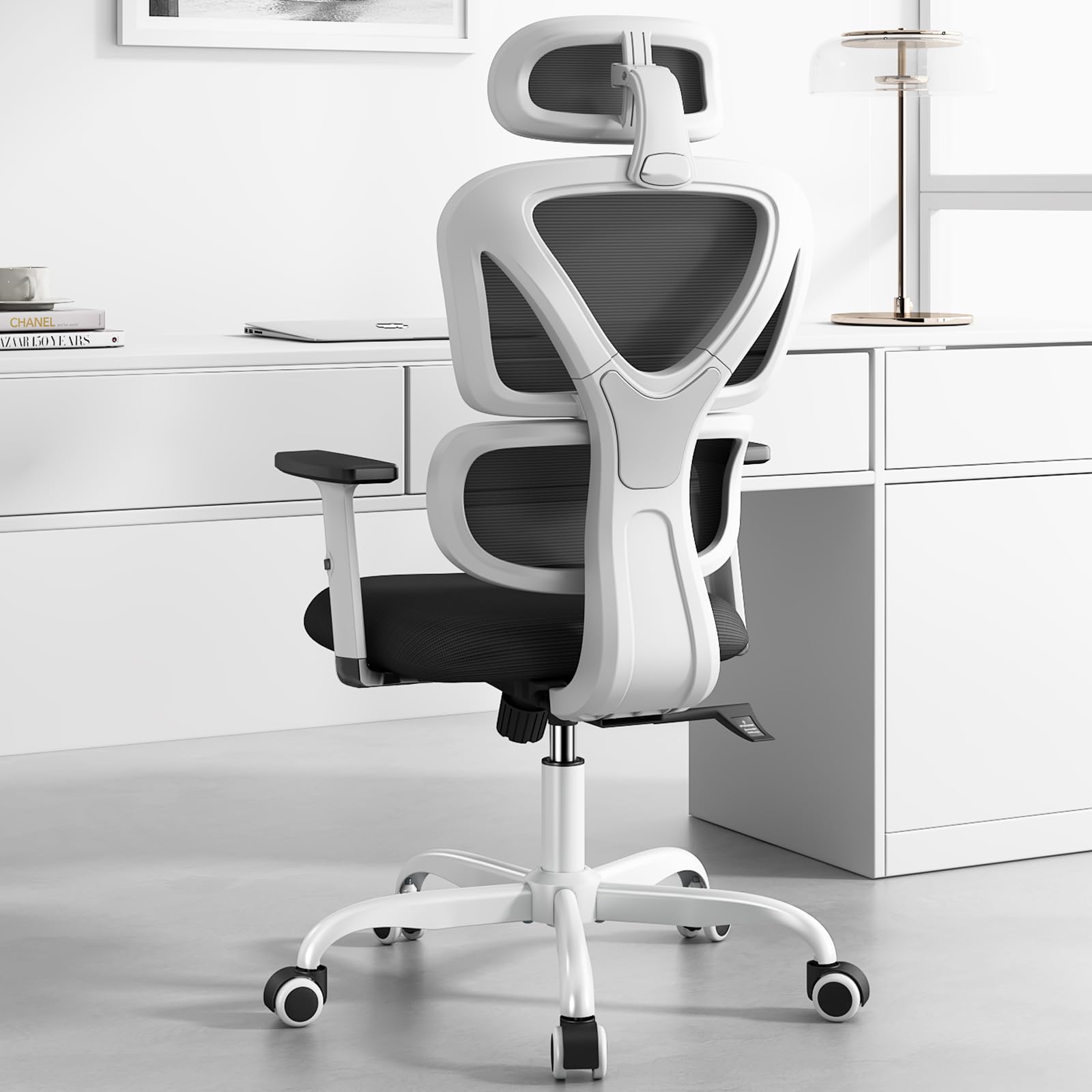 Sytas Ergonomic Office Chair - High Back Mesh Computer Chair with Adjustable Lumbar Support & Headrest, Swivel Executive Desk Chair with Tilt Function for Home Office (White) - Perfect for Long Work Hours, Gaming & Remote Work