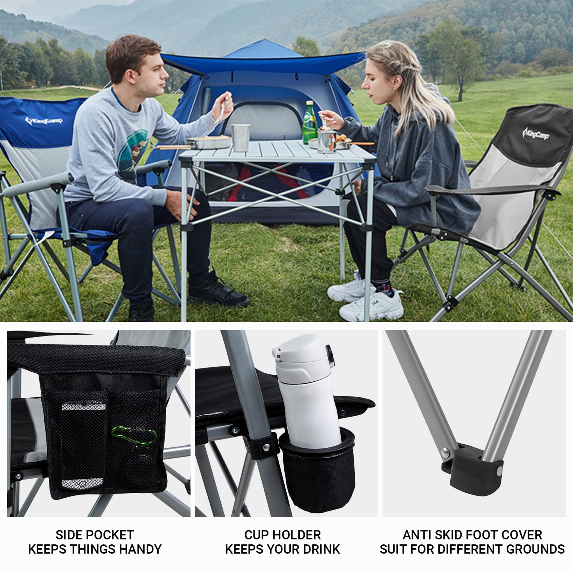 KingCamp Oversized Folding Camping Chair for Adults - Heavy Duty 300 lbs Capacity, Adjustable Backrest, Armrests & Cup Holder - Perfect for Outdoor Camping, Picnics, Travel, Beach, BBQ, Backyard & Tailgating