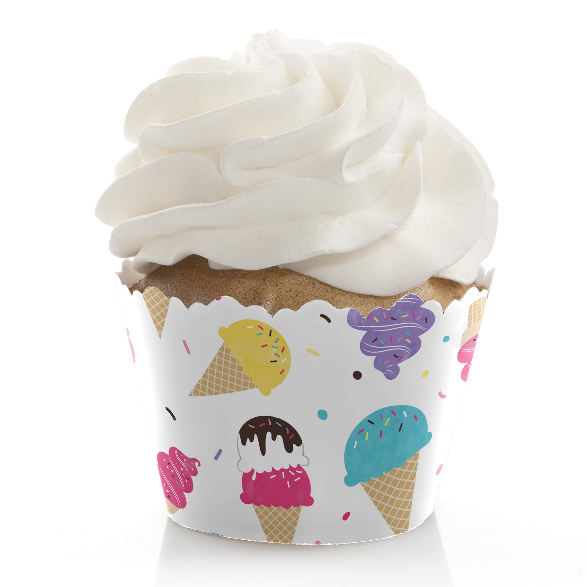 Big Dot of Happiness Ice Cream Party Decorations - Set of 12 Cupcake Wrappers with Sprinkles for Birthday, Baby Shower & Summer Celebrations - Fun Ice Cream Themed Party Supplies