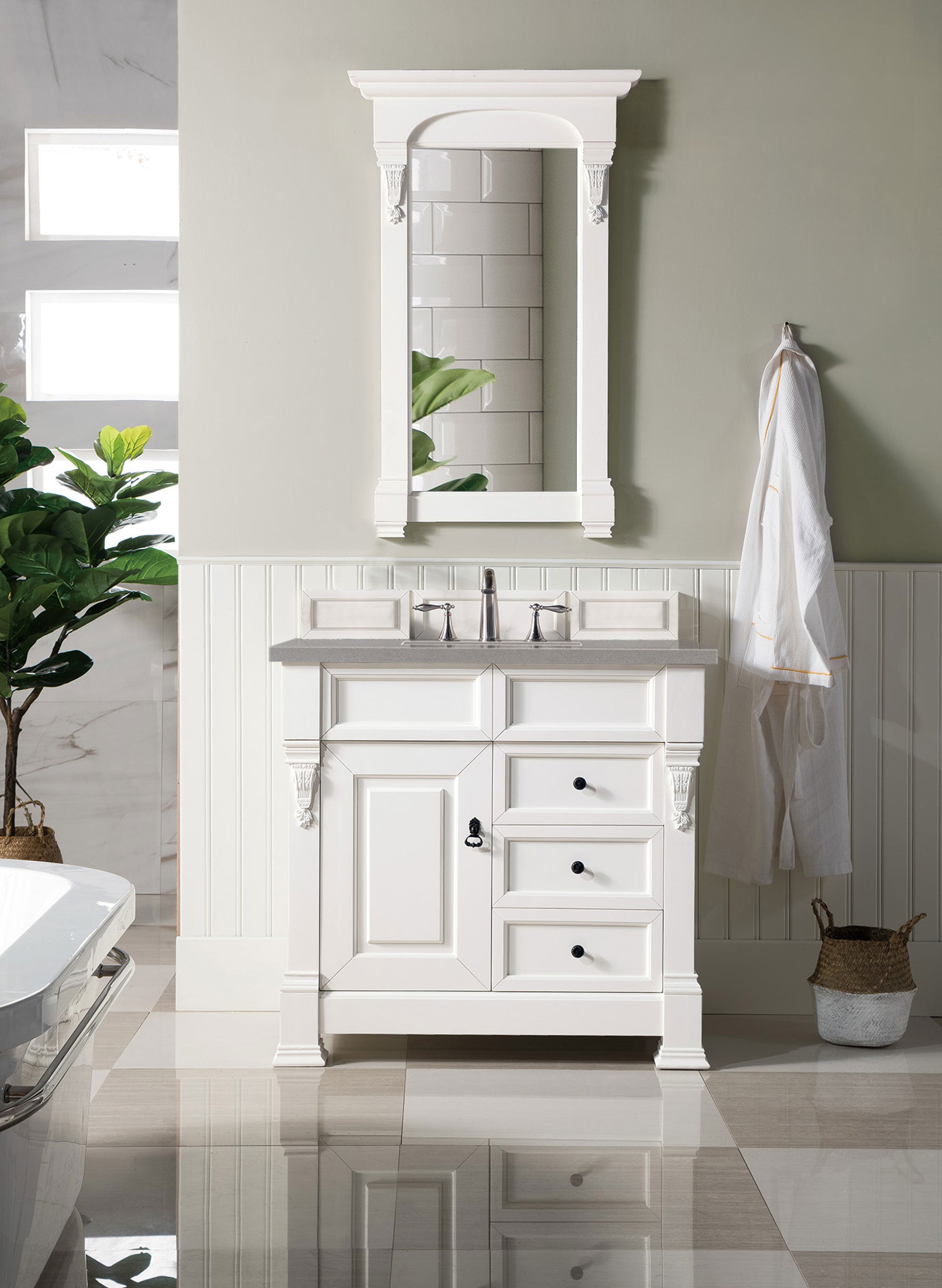 Brookfield 36 Inch Single Bathroom Vanity Set with Bright White Finish & 3CM Grey Expo Quartz Countertop - Perfect for Modern Bathrooms, Small Spaces & Home Renovations