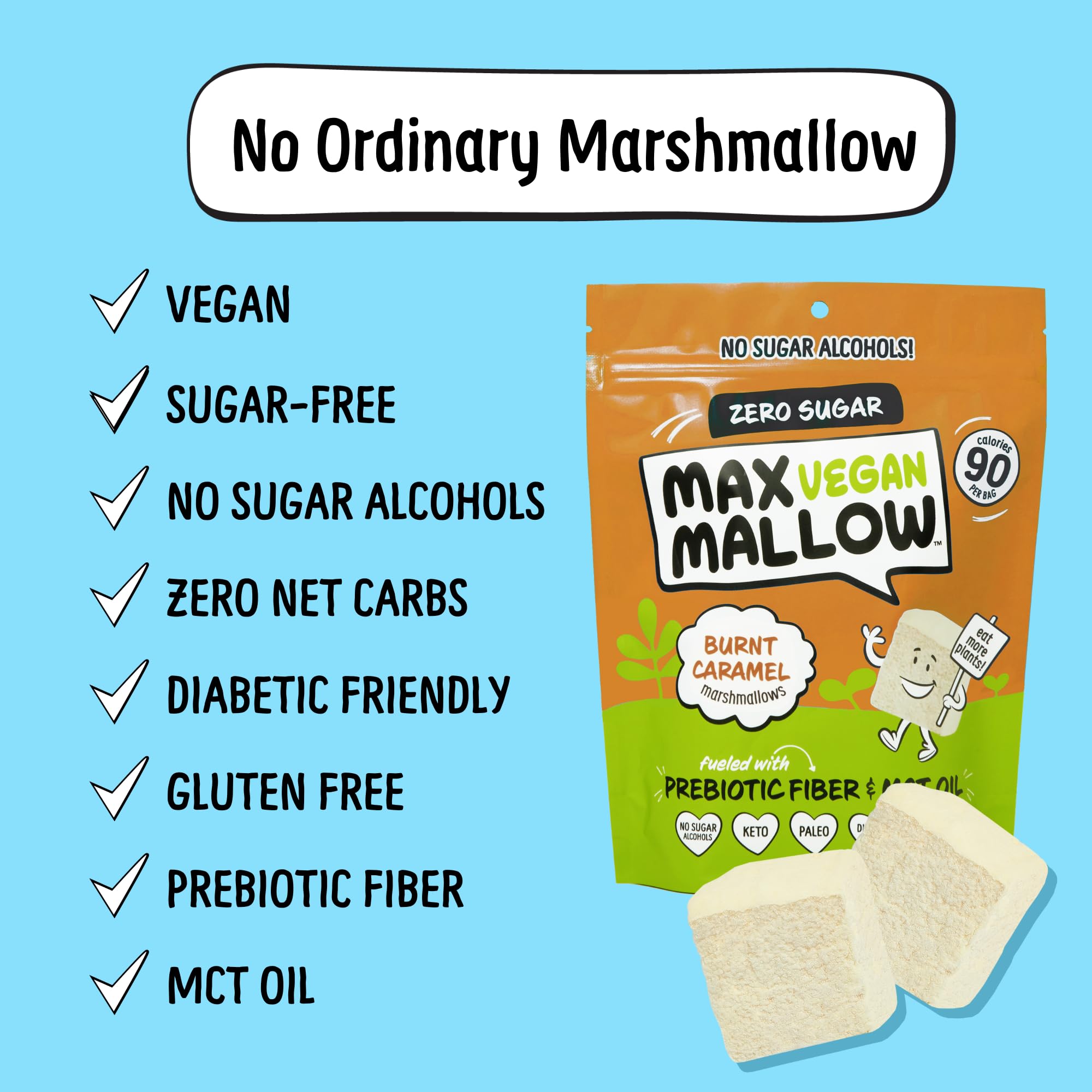 Max Mallow Vegan Sugar-Free Marshmallows 3-Pack | Keto, Paleo & Plant-Based | Perfect for S'mores, Hot Cocoa, Baking & Low-Carb Diets | Zero Sugar, MCT Oil Infused, Burnt Caramel Flavor | Camping Treats, Dessert Toppings & Healthy Snacking