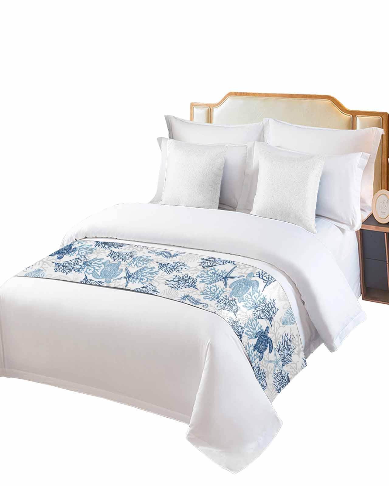Navy Blue & Grey Coastal Bed Runner for California King Size Beds - 102 x 20 Inch Nautical Sea Turtle Design Summer Beach Bed Scarf Throw - Perfect for Hotels, Guest Rooms & Coastal Home Decor
