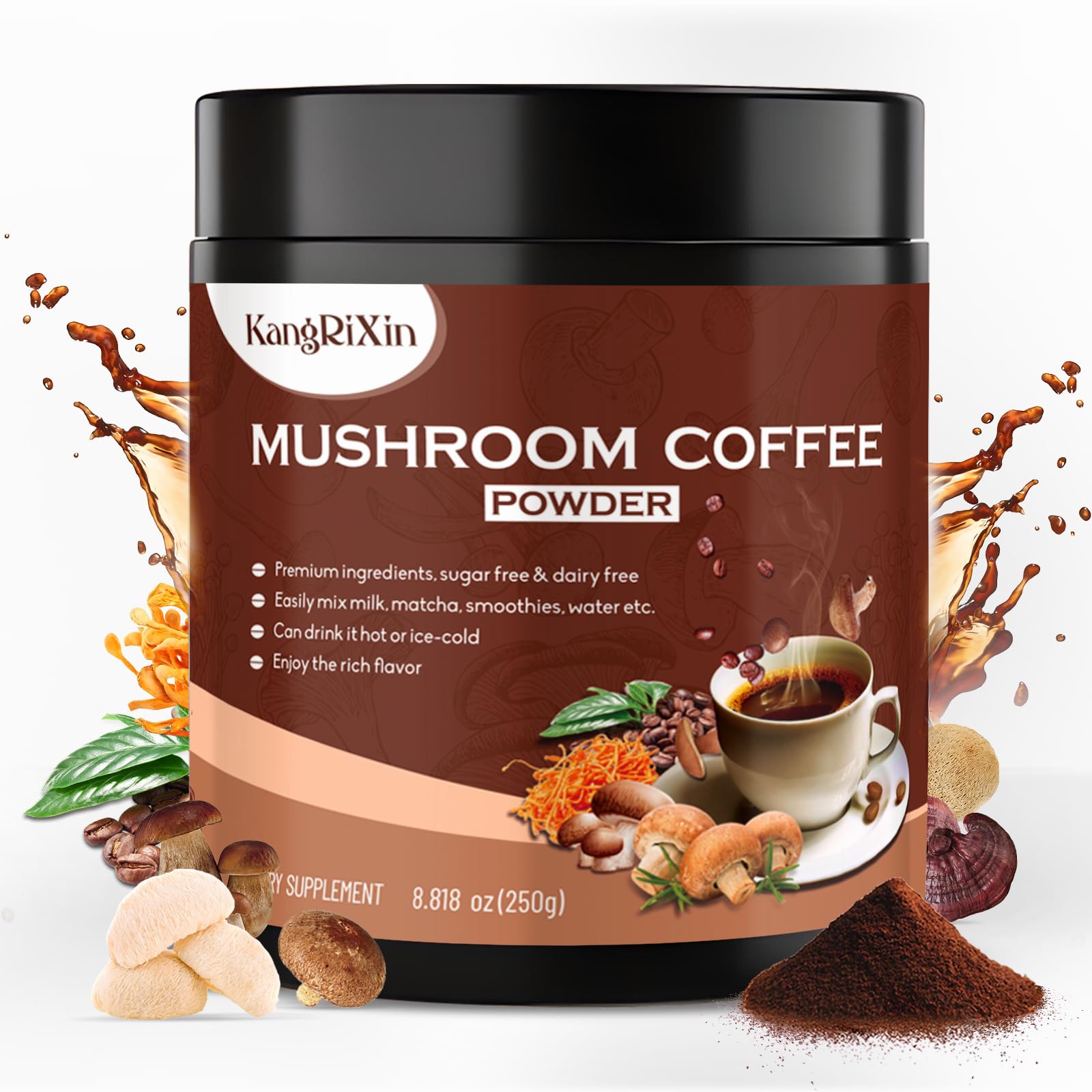 Organic Mushroom Coffee Powder with Lion's Mane, Reishi, Cordyceps & Shiitake - Immune Support & Focus Booster | Instant Mushroom Coffee Supplement | 50 Servings | Perfect for Busy Mornings & Workouts