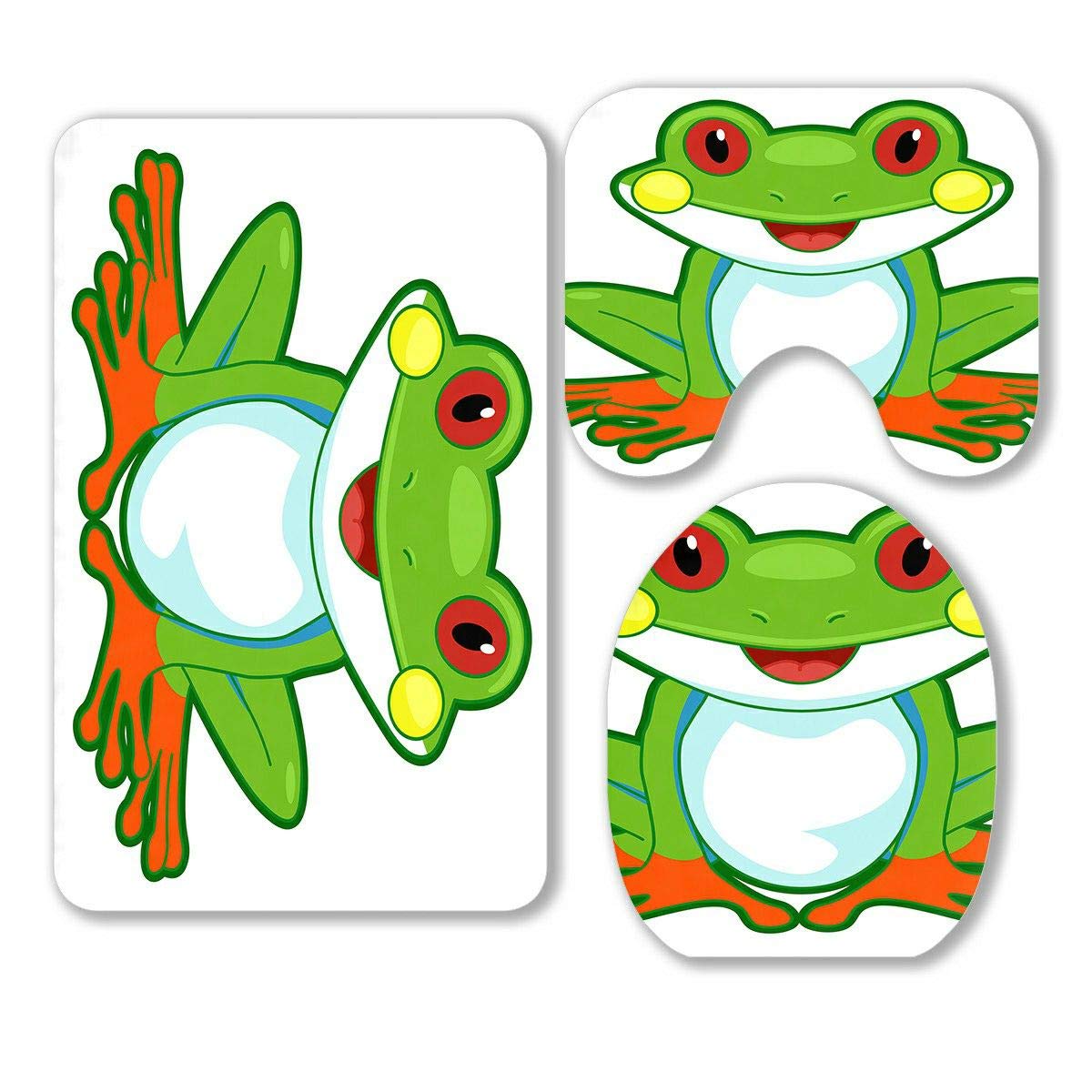 Cute Tree Frog Bathroom Rug Set - Non-Slip 3 Piece Bath Mat, Contour Mat & Toilet Lid Cover with Smiling Frog Design - Perfect for Kids' Bathroom Decor & Cozy Home Spa