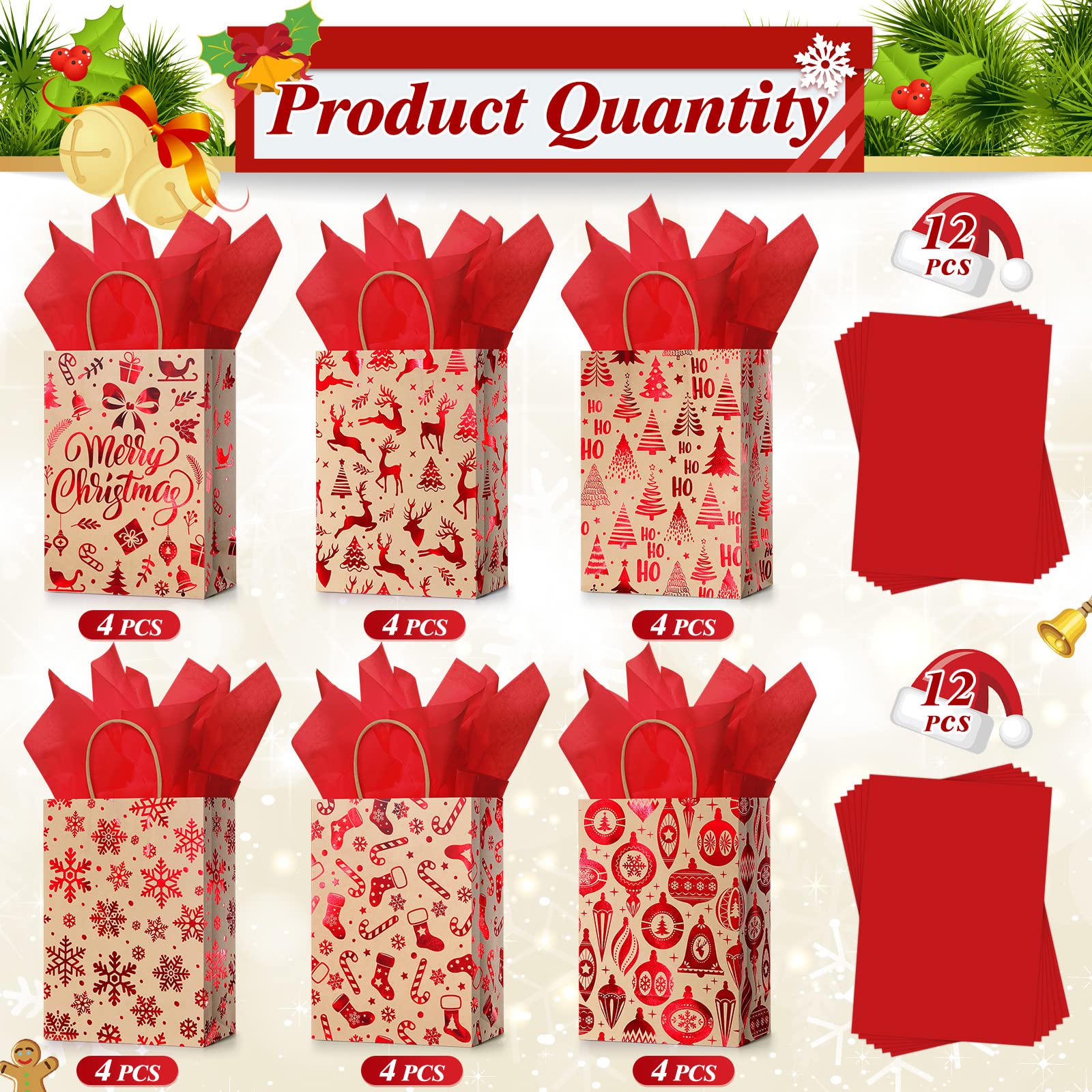 24 Pcs Christmas Gift Bags with Tissue Paper - Merry Christmas Kraft Paper Goodie Bags with Handles for Holiday Party Supplies (Red Snowflake, Small) | Perfect for Christmas Gifts, Office Party Favors & Festive Wrapping