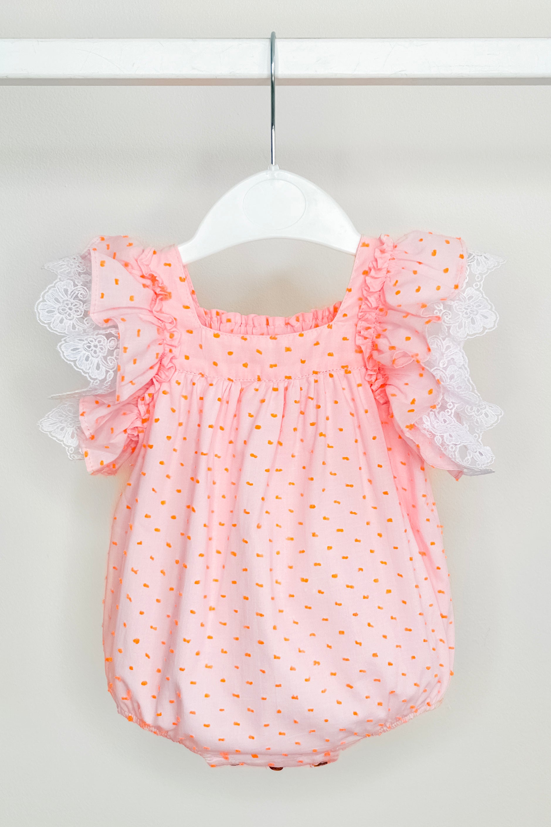 Lilya Pink & Neon Orange Polka Dot Bow Romper - Stylish Summer Jumpsuit for Women, Beach Outfit, Party Wear, Casual Day Dress