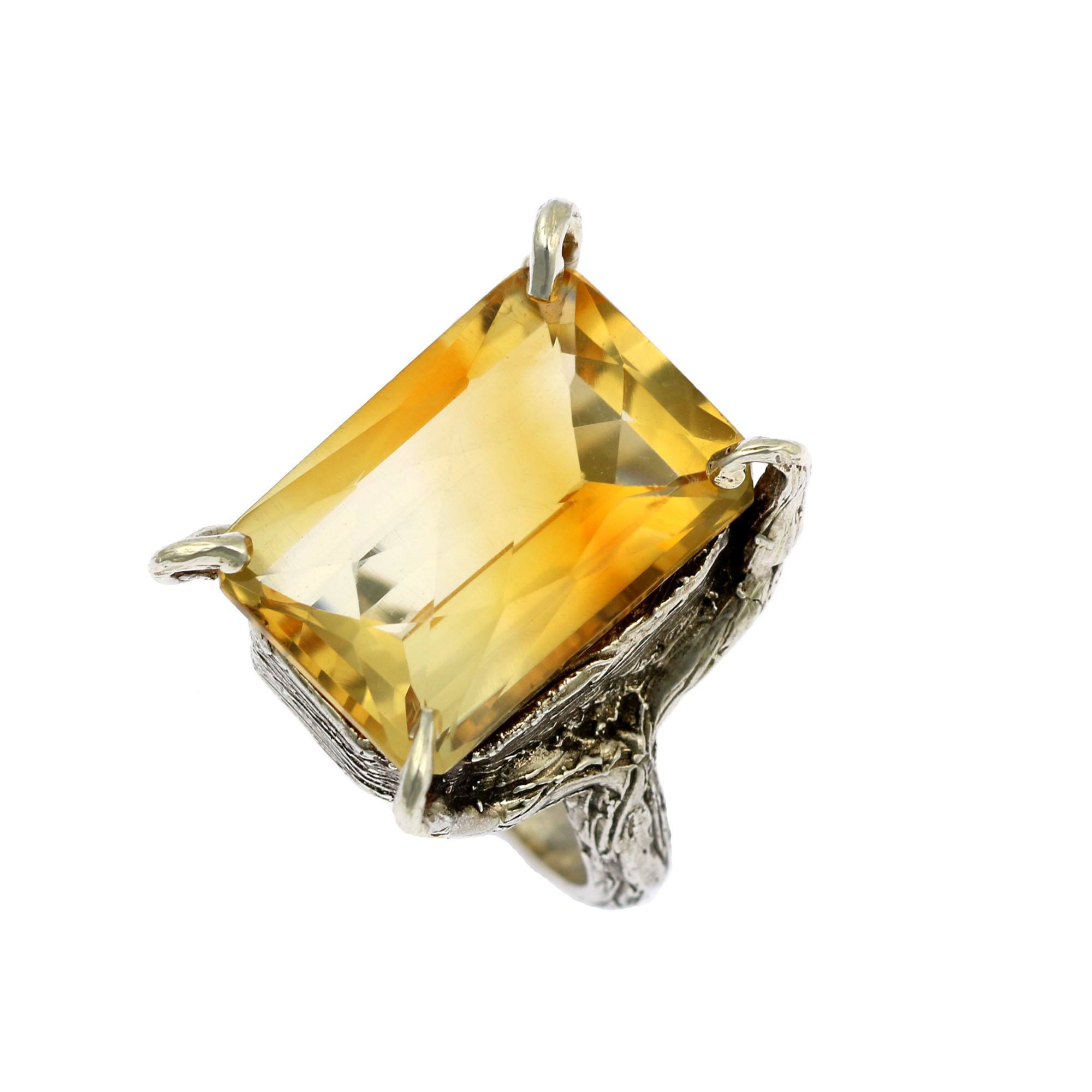 21.5 Carat Checkerboard Cut Citrine Sterling Silver Cocktail Ring - Elegant Statement Jewelry for Evening Parties & Special Occasions