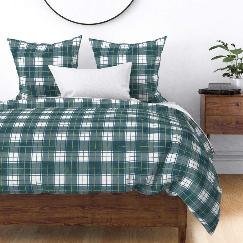 Custom Christmas Watercolor Plaid Tartan Duvet Cover - King/California King Size Cotton Sateen Bedding Set in Gold & Forest Green | Rustic Cabin & Hipster Home Decor for Holiday Season