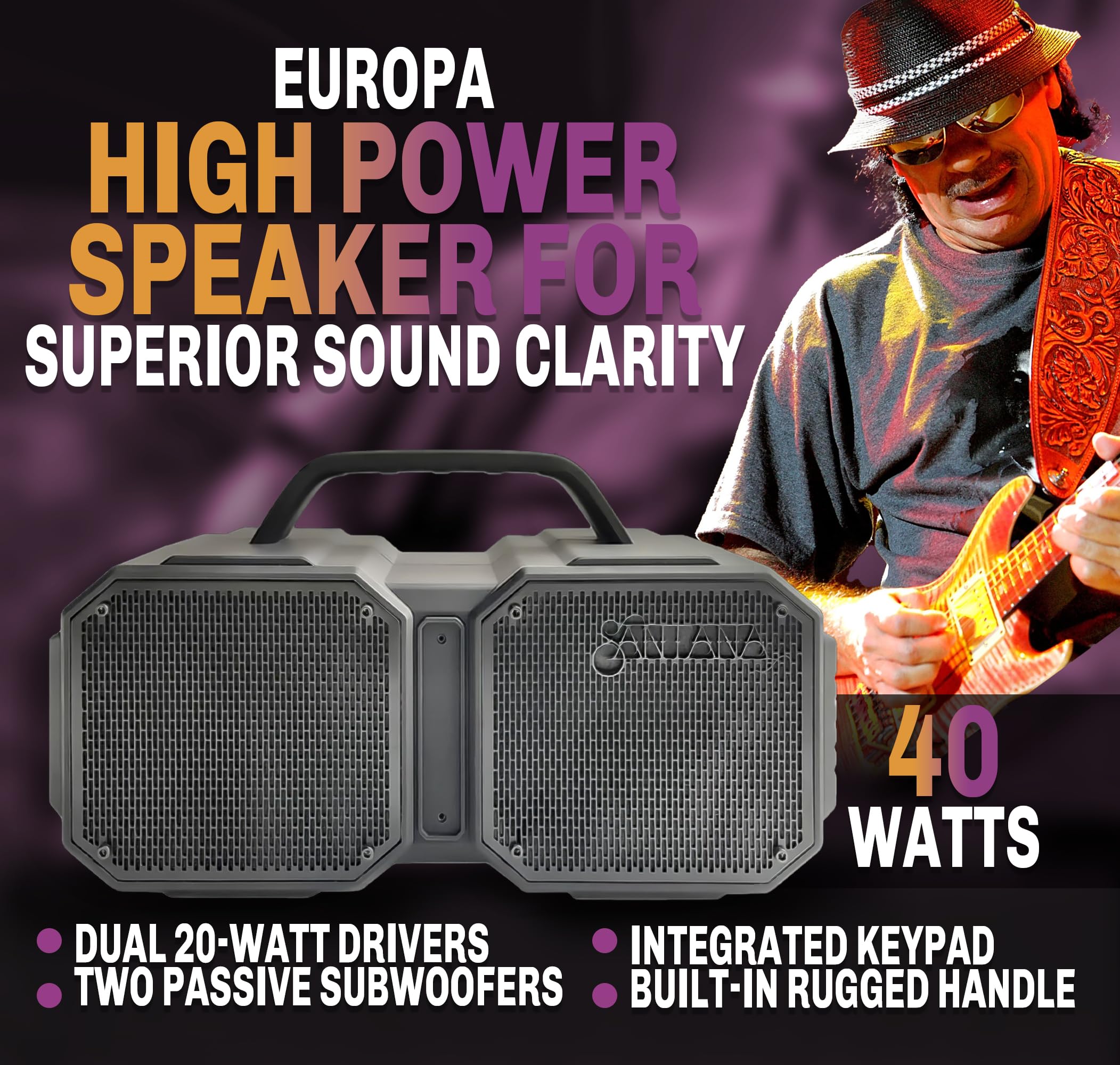 SANTANA BY CARLOS SANTANA Europa 40W Portable Bluetooth Speaker - Shockproof Wireless Outdoor Speaker with Deep Bass for Camping, Beach Parties & Home Use - Black
