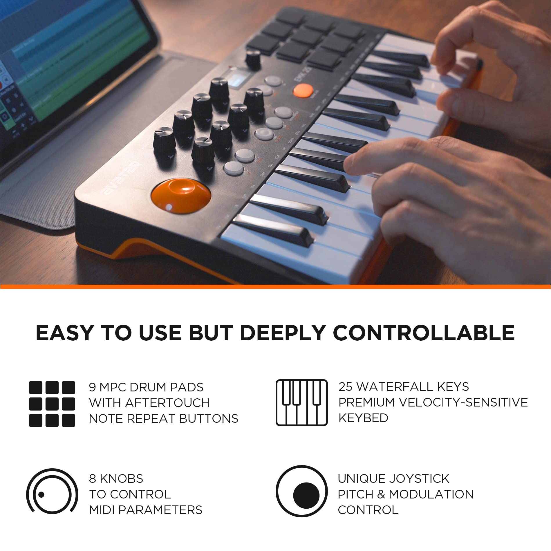 Portable 25-Key Bluetooth MIDI Keyboard Controller with 9 Backlit Beat Pads, OLED Display & 8 Knobs - USB/Battery Powered for Music Production, DJing & Live Performances - Includes DAW Software for Home Studio & On-the-Go Music Creation