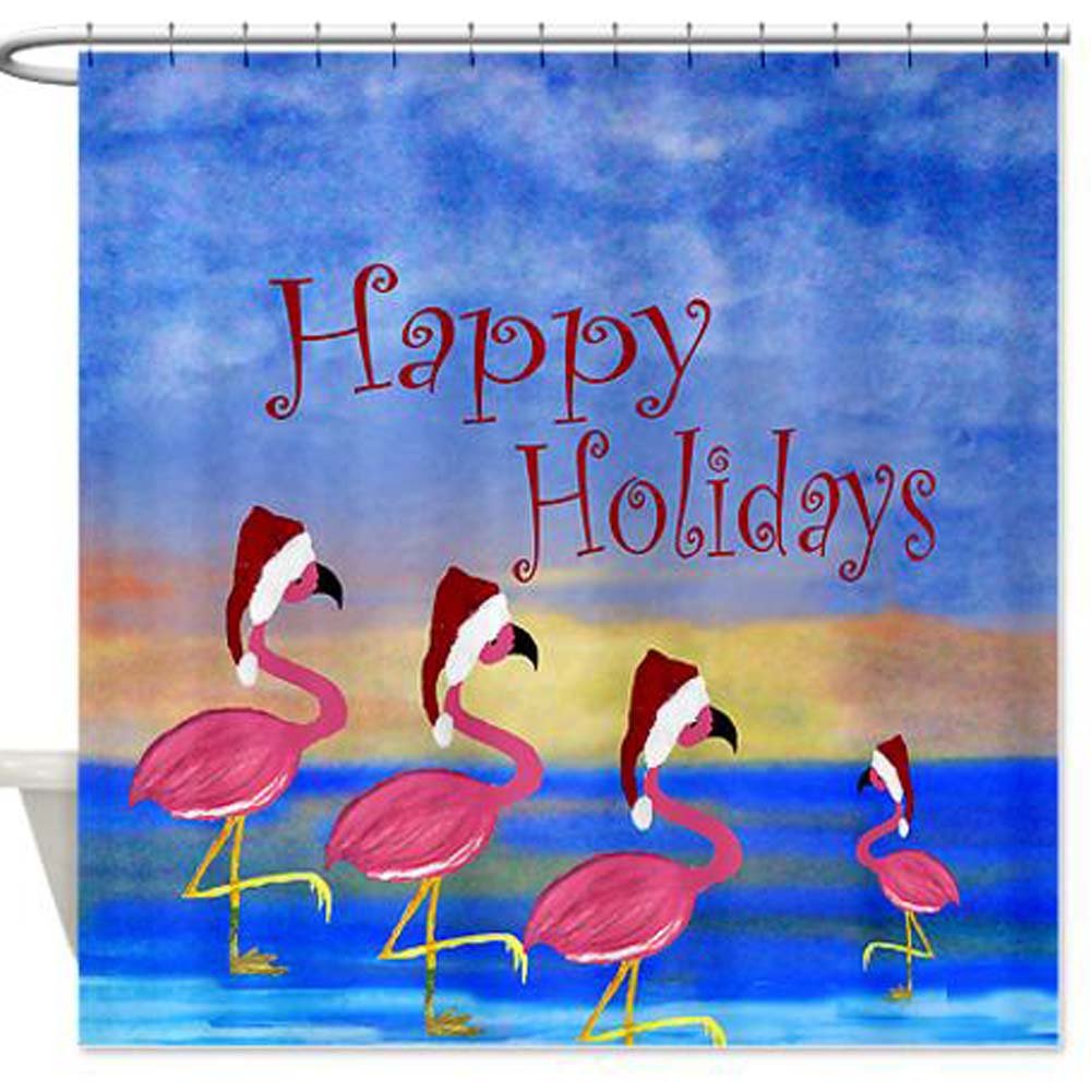 Santa Flamingo Family Beach Holiday Art Shower Curtain - Tropical Christmas Bathroom Decor for Coastal & Vacation Home Themes
