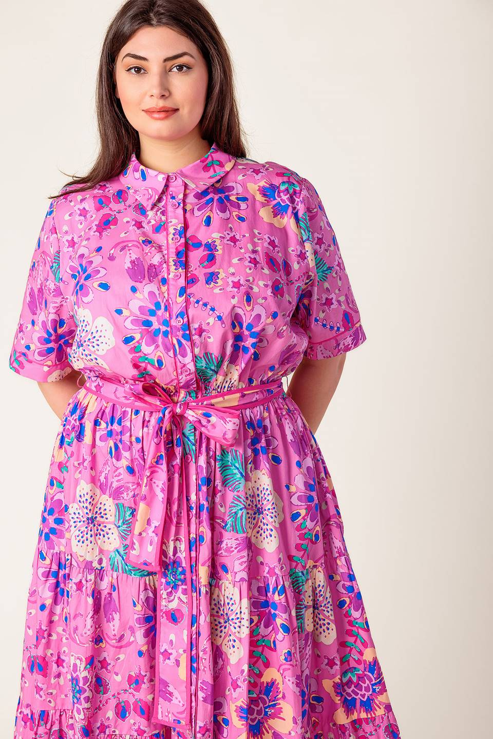 Pink & Purple Floral Midi Dress for Women - Elegant Petal Press Design - Perfect for Spring, Summer, Weddings & Special Occasions