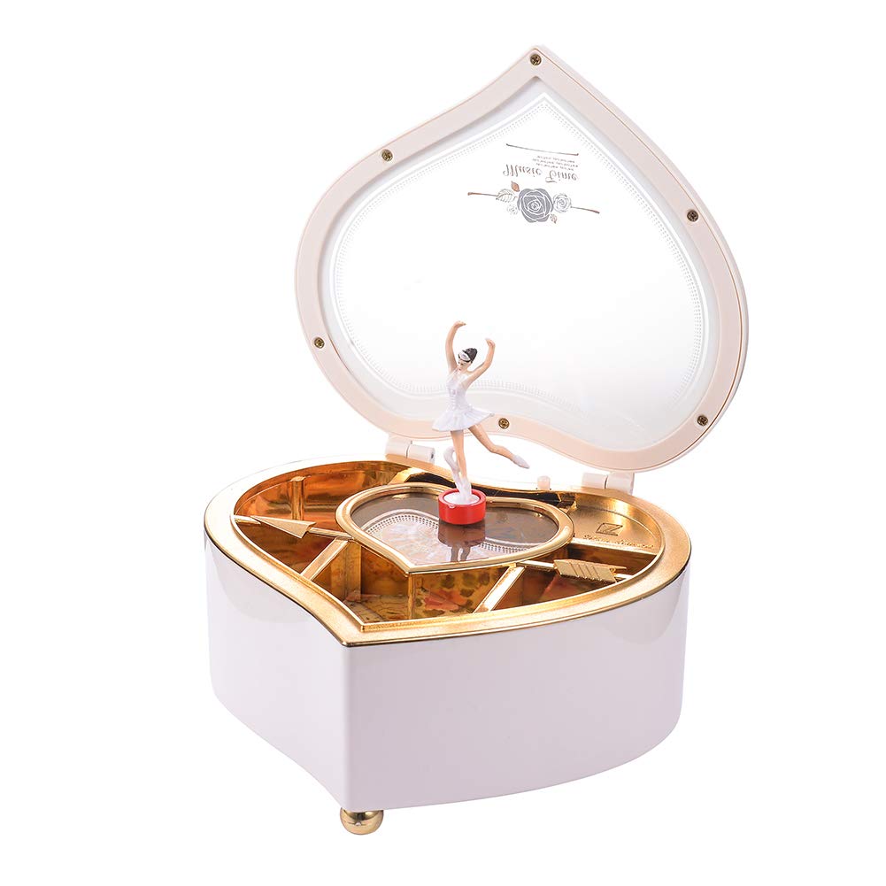 Rainbow Heart Musical Jewelry Box with Dancing Ballerina - White Jewelry Storage Box with Mirror, Arrow Design - Perfect Christmas Gift for Her, Birthday Present, Girls Room Decor