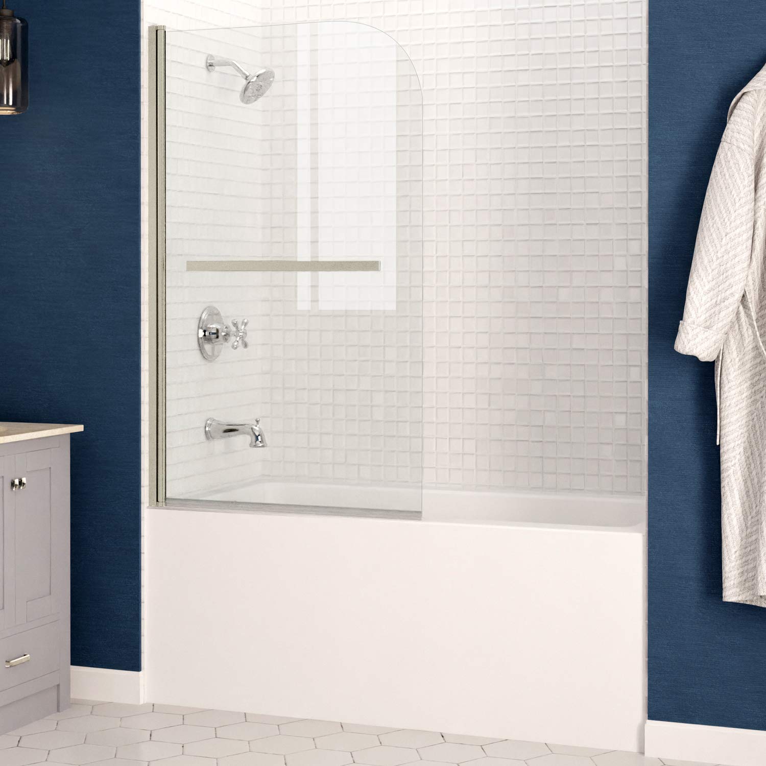 ANZZI 58 x 34 Inch Brushed Nickel Frameless Shower Door - Water Repellent Glass with Seal Strip & Handle, 1/4
