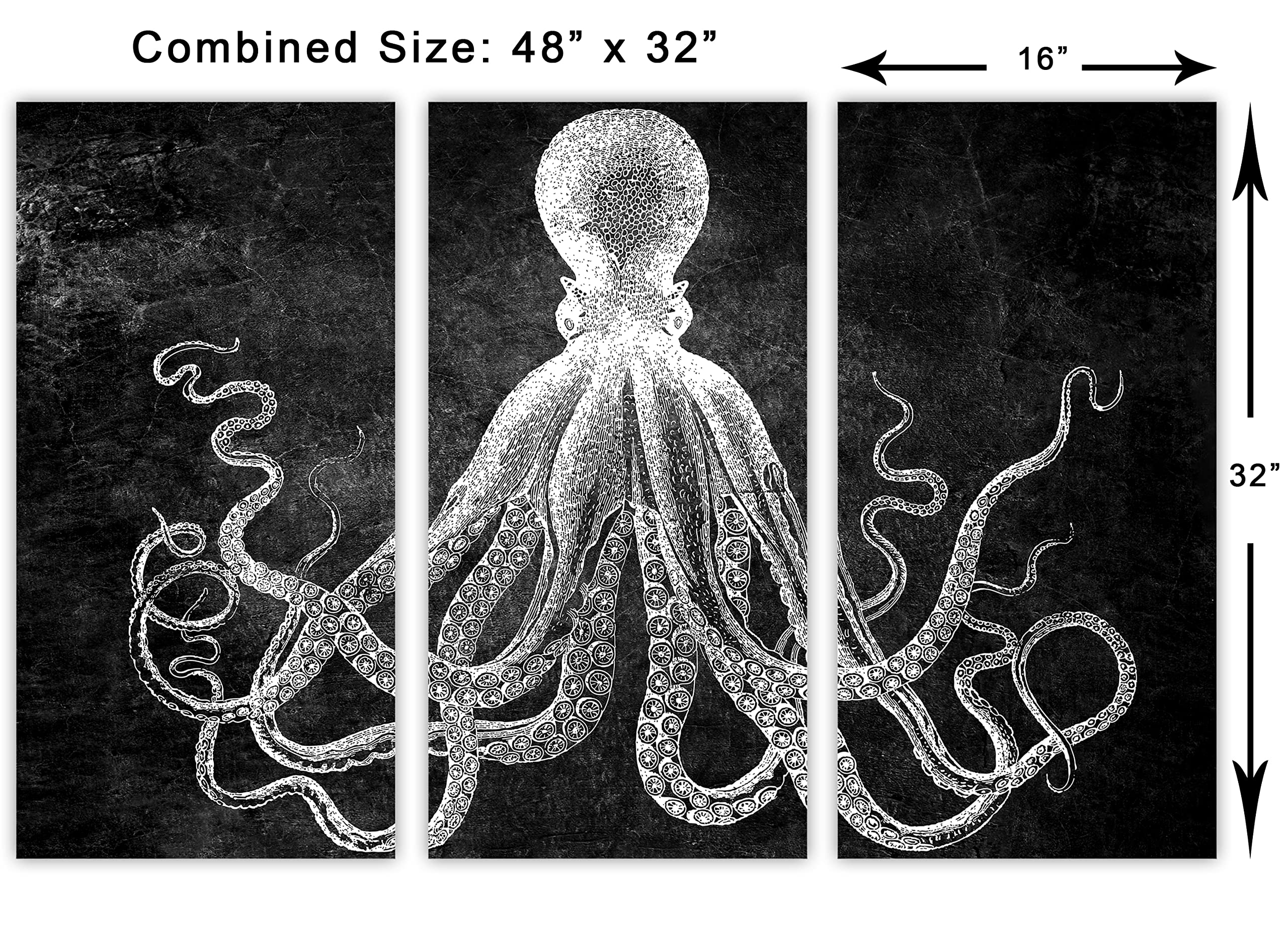 48x32 Inch Lord Bodner Octopus Triptych Canvas Print - 3 Panel Black & White Kraken Wall Art for Living Room, Bedroom, or Office Decor | Stunning Split Design Modern Home Wall Decor