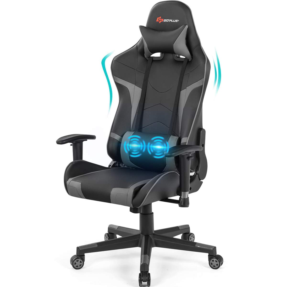 **POWERSTONE Ergonomic Gaming Chair - High-Back PU Leather Office Chair with Adjustable Arms, Lumbar Massager & Headrest for PC, Racing & Executive Work - Reclining Swivel Rolling Chair (Gray) - Perfect for Gaming, Home Office & Esports**