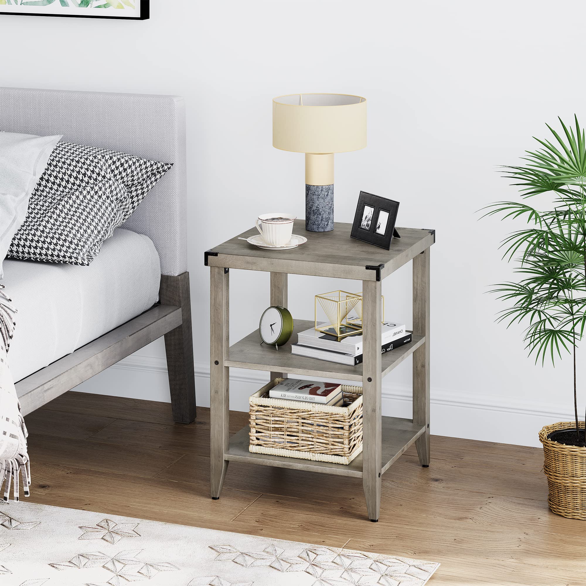 GARVEE 3-Tier Tall End Table with Storage Shelf - Square Side Table & Nightstand with Metal Corner Guard & Solid Wood Legs for Living Room, Bedroom, Sofa - Easy Assembly in Grey | Perfect for Small Spaces, Apartment Decor & Modern Home Furnishings