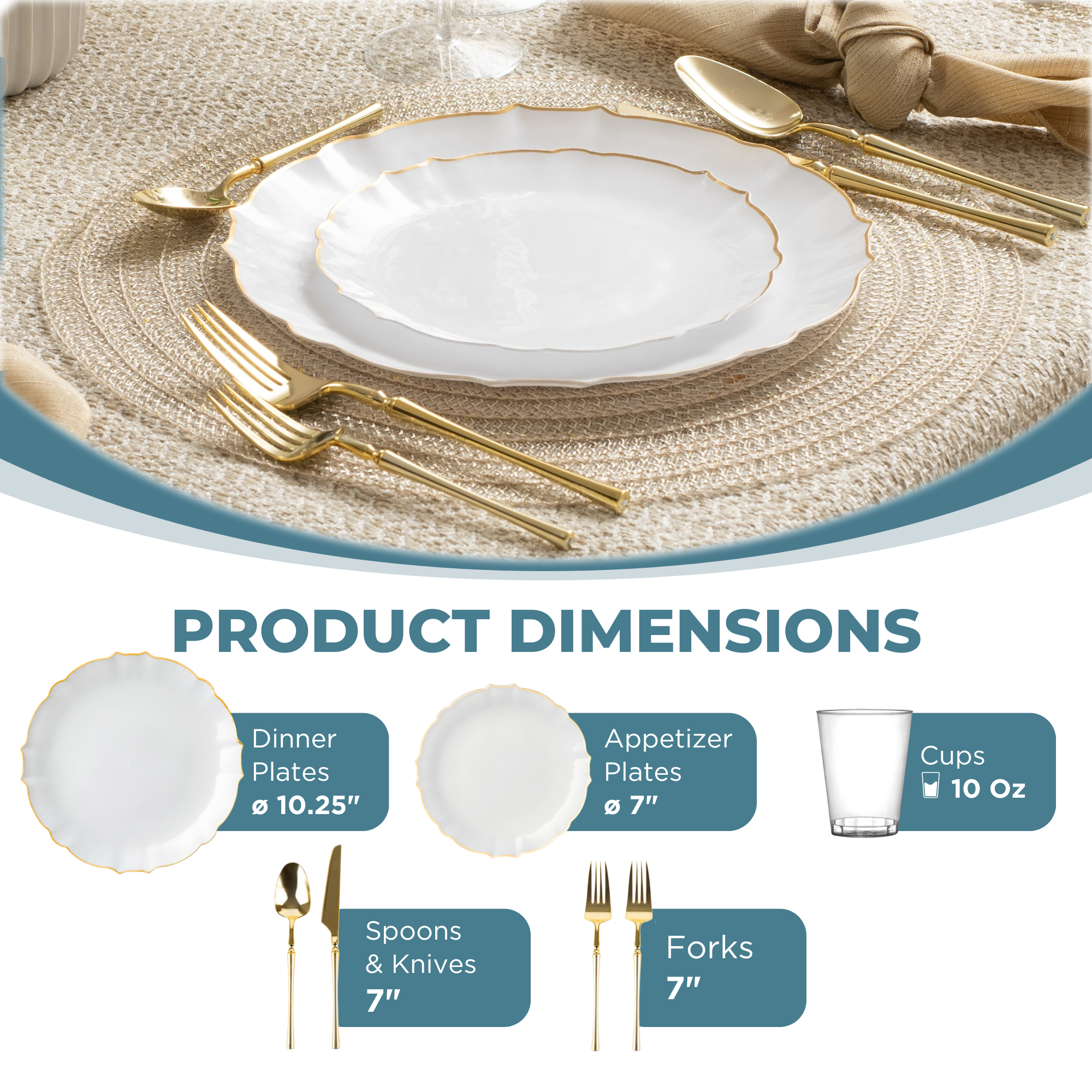Luxury White & Gold Plastic Party Bundle - Elegant Disposable Tableware Set for Weddings, Birthdays & Special Events