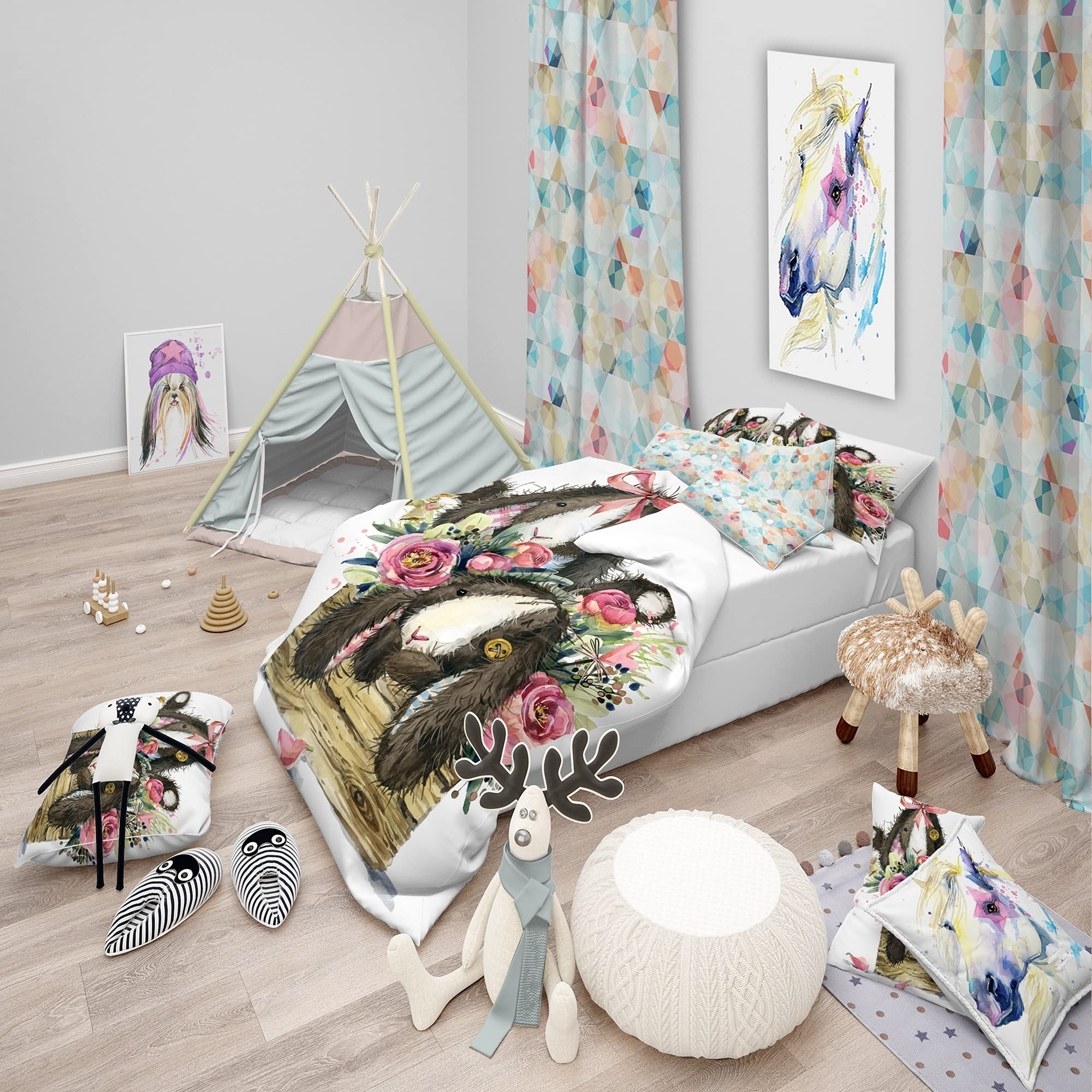 Cute Cartoon Bunny Toy Animal Bedding Set - 3 Piece Duvet Cover & 2 Shams for Full/Queen Size (Comforter Not Included) | Soft Kids Room Decor, Nursery Bedding, Gift for Girls & Boys