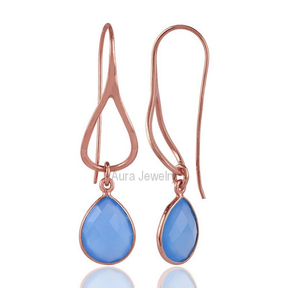 925 Sterling Silver Blue Chalcedony Dangle Earrings for Women - 14K Rose Gold Plated, Hypoallergenic Boho Style with Bezel Set Pear Gemstone | Perfect Christmas Gift, Birthday Present & Everyday Elegant Jewelry