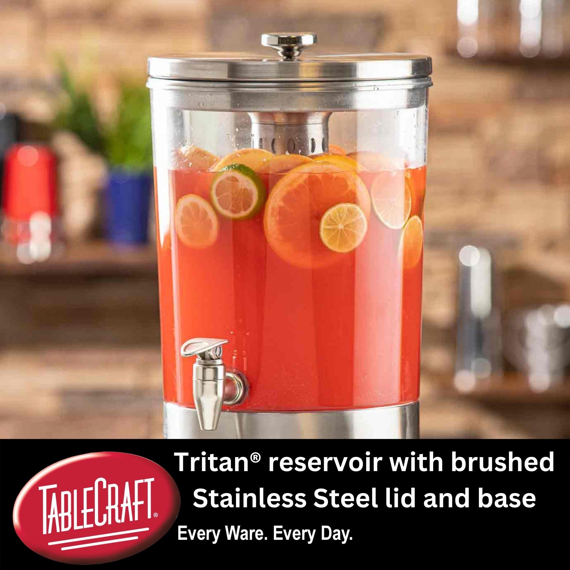 Premium TableCraft 10450 Beverage Dispenser - 2.5 Gallon Stainless Steel with Nickel ABS Faucet, Tritan Reservoir - Perfect for Parties, Weddings & Catering Events