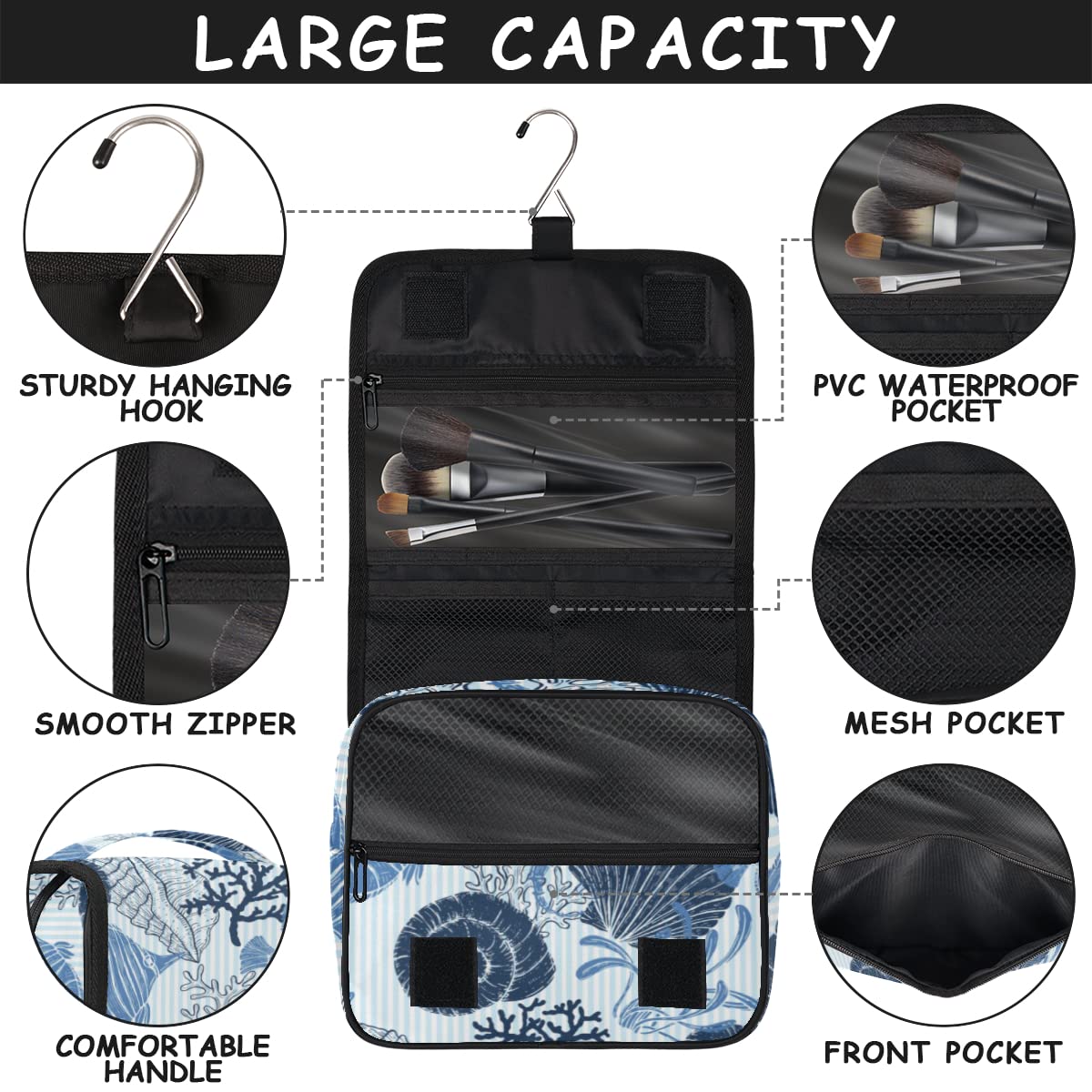 Waterproof Hanging Toiletry Bag with Seashell Design - Travel Makeup Organizer Pouch with Hook for Women & Men - Perfect for Beach Vacations, Camping Trips and Gym Use