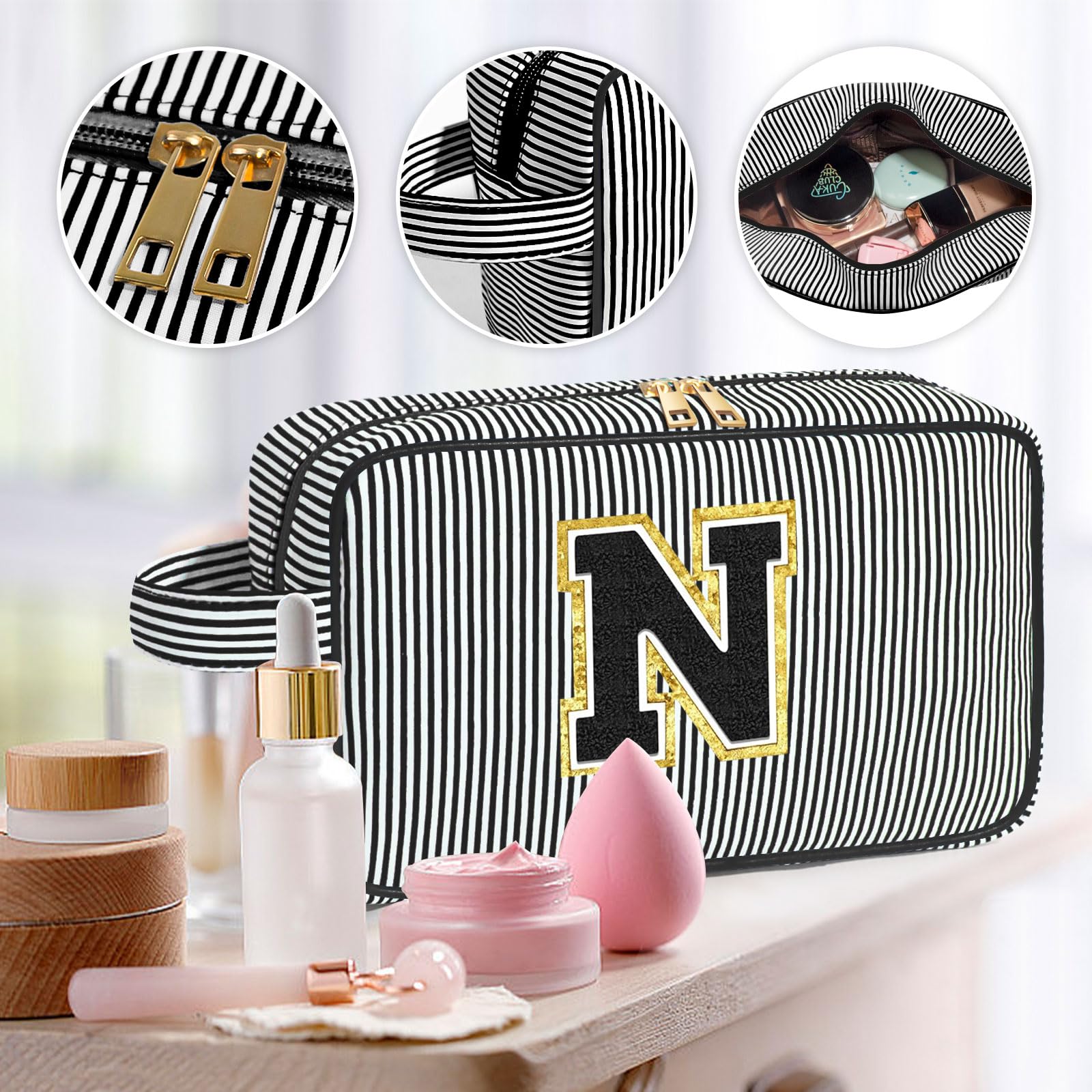 Personalized Initial Makeup Bags for Women - Cute Bridesmaid Proposal Gifts & Valentine's Birthday Presents - Travel Cosmetic Organizer with Brush Pouch (Black) - Perfect for Weddings, Bachelorette Parties & Girls' Getaways