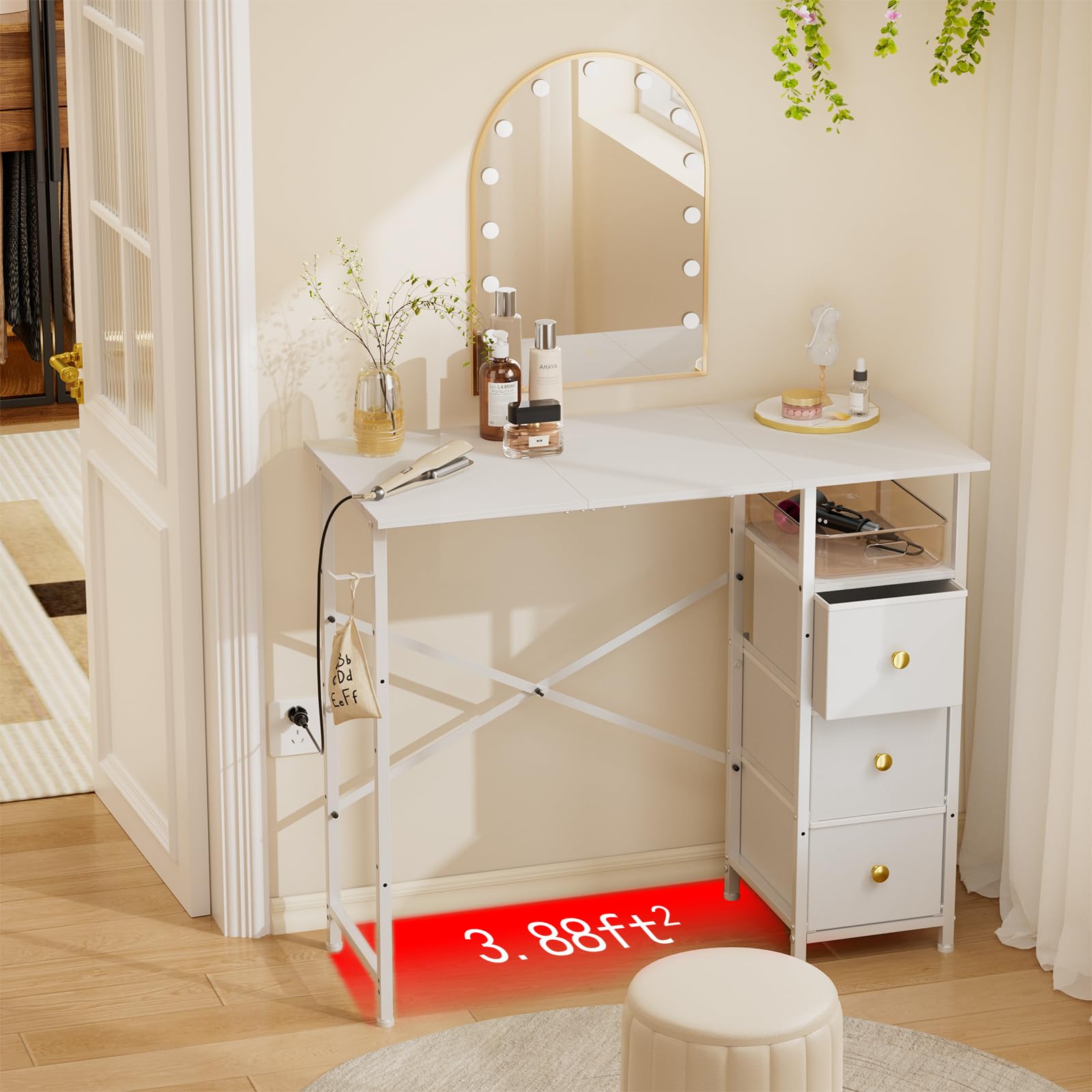 White Vanity Desk Without Mirror - Small Makeup Table with 3 Fabric Drawers & Storage Hook - 35.4 Inch Dressing Table for Small Spaces - Perfect for Bedroom, Apartment & Dorm Room Organization