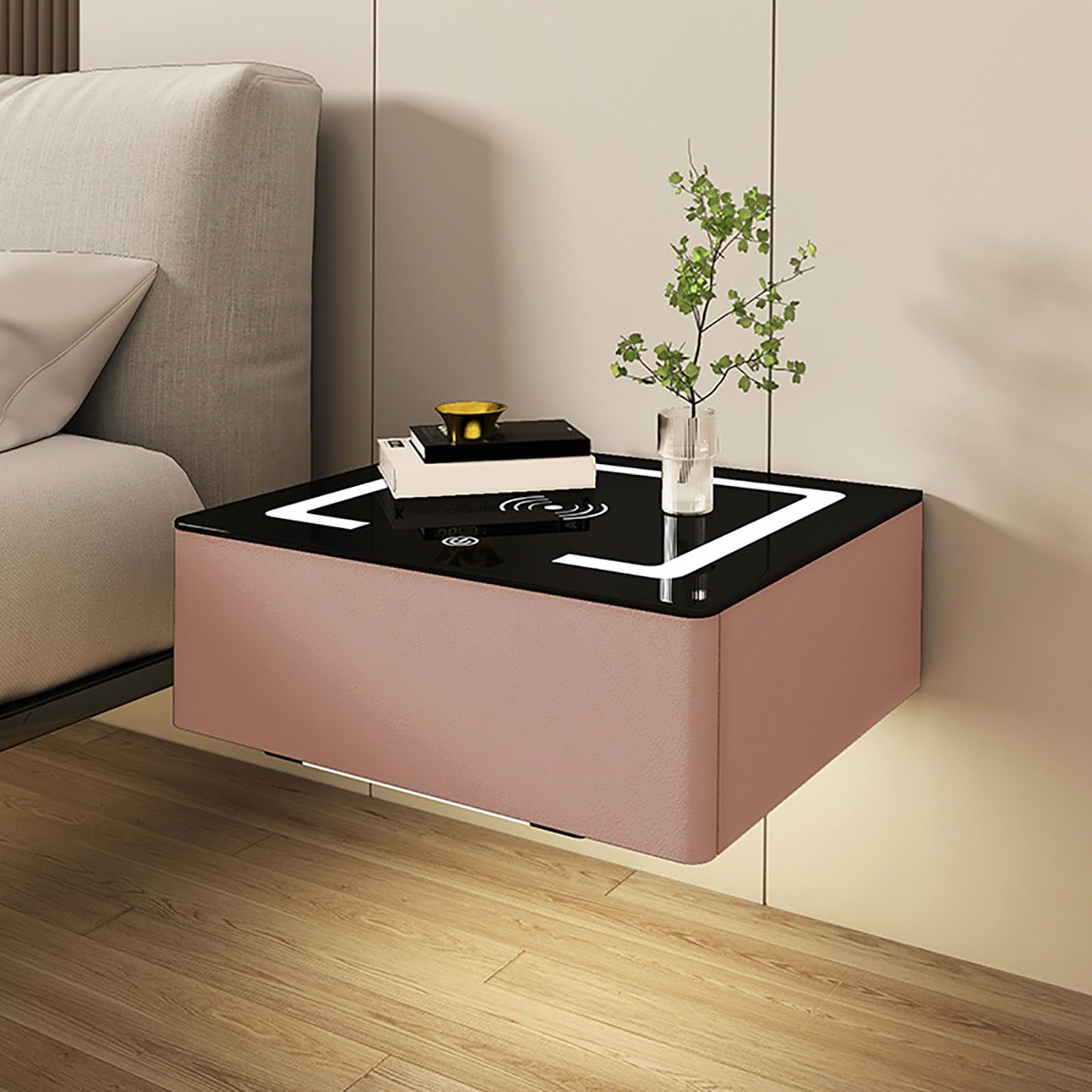 Multifunctional Floating Smart Bedside Table with LED Light & Wireless Charging, Storage Drawers & Tempered Glass Top - Modern Nightstand for Bedroom, Living Room, Office (Black/White) - Perfect for Small Spaces, Reading, Charging Devices & Organizing Essentials