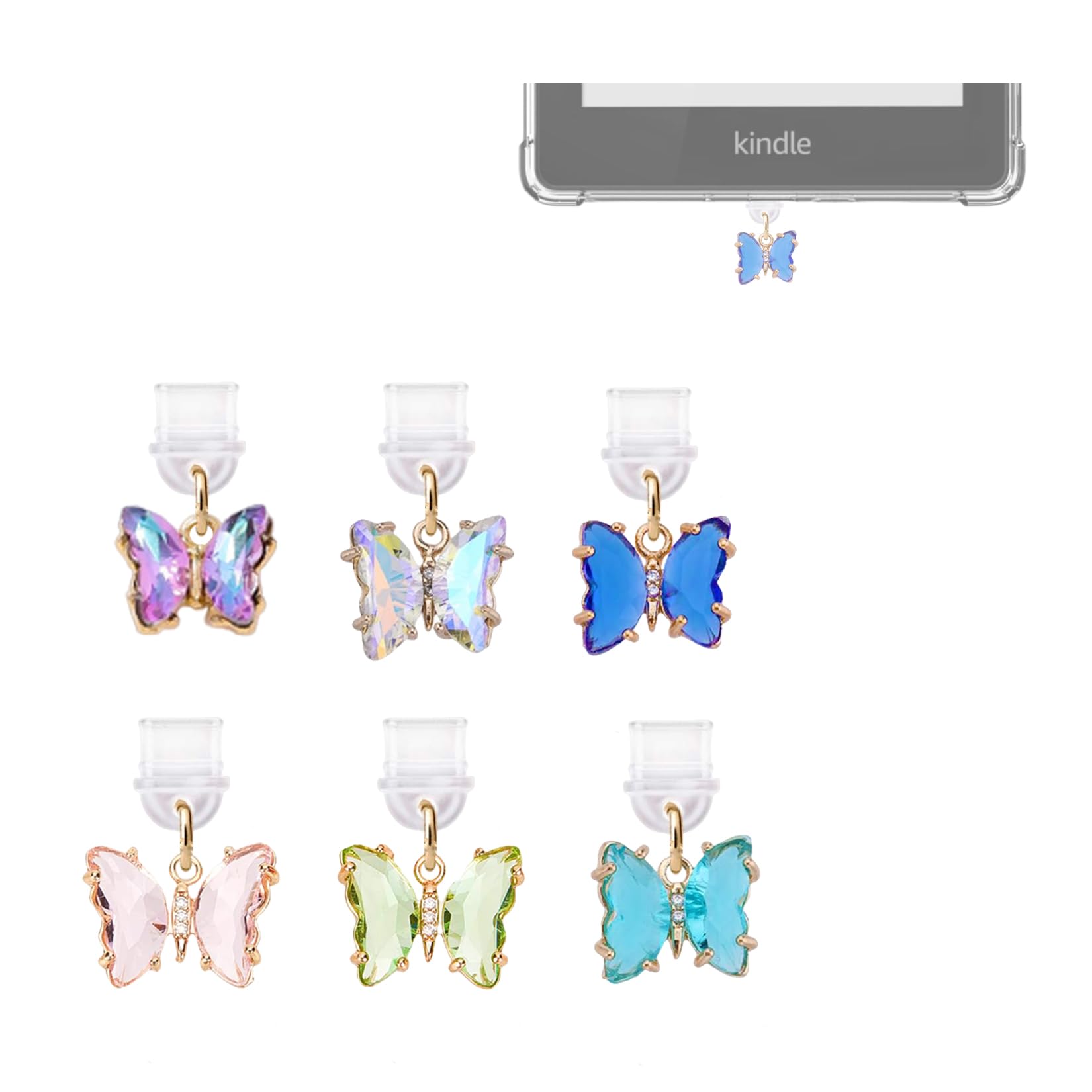 Kindle Paperwhite 2021 USB-C Dust Plug Covers - 6-Pack Butterfly Charm Dust Protectors for Type C Ports | Perfect for Reading, Travel & Device Protection