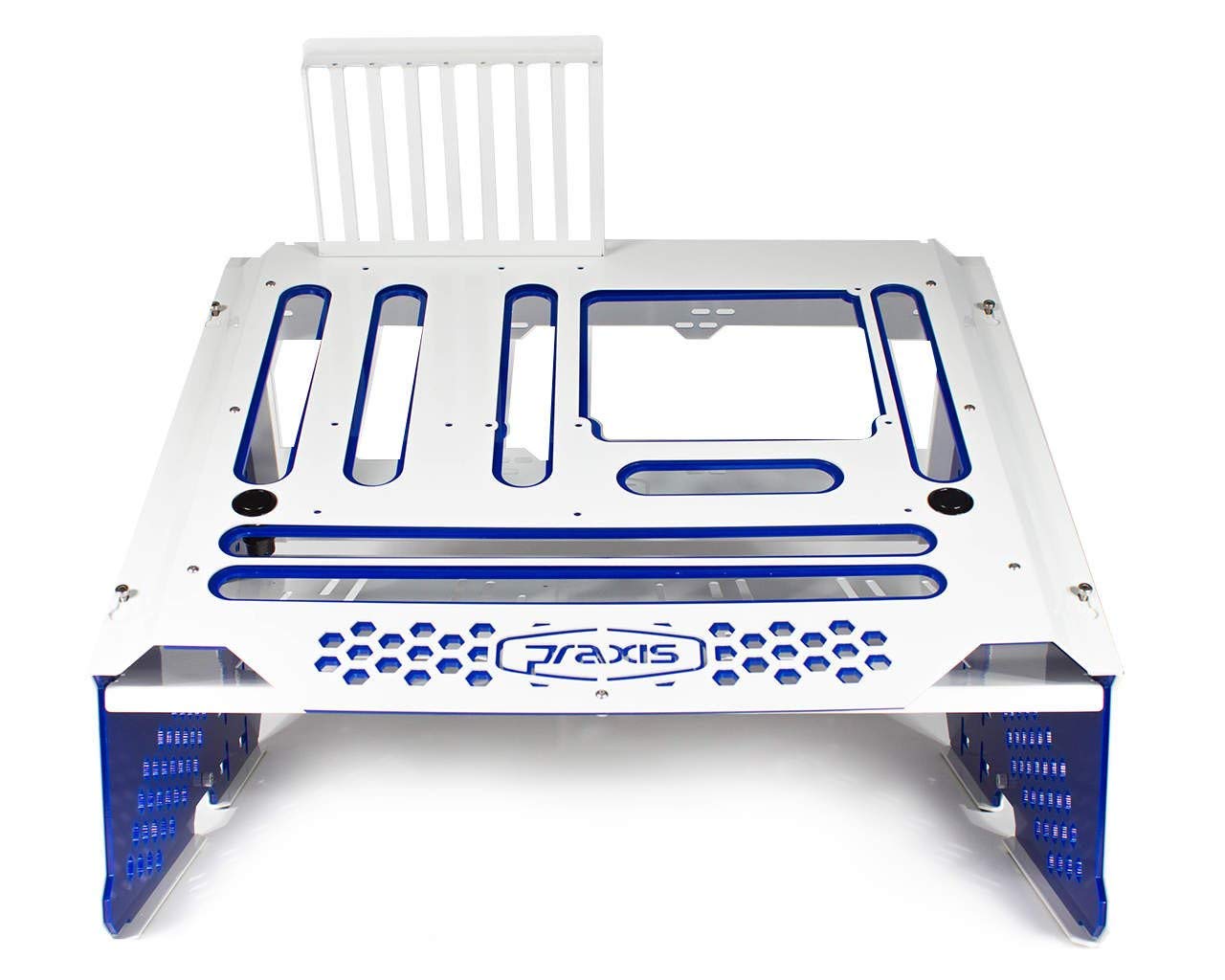 PrimoChill Praxis Wetbench - Powder Coated Steel Modular Open Air Computer Test Bench for Water Cooling & Air Cooling PC Builds - White with Blue Accents - Perfect for PC Builders, Tech Enthusiasts & Custom Rig Testing