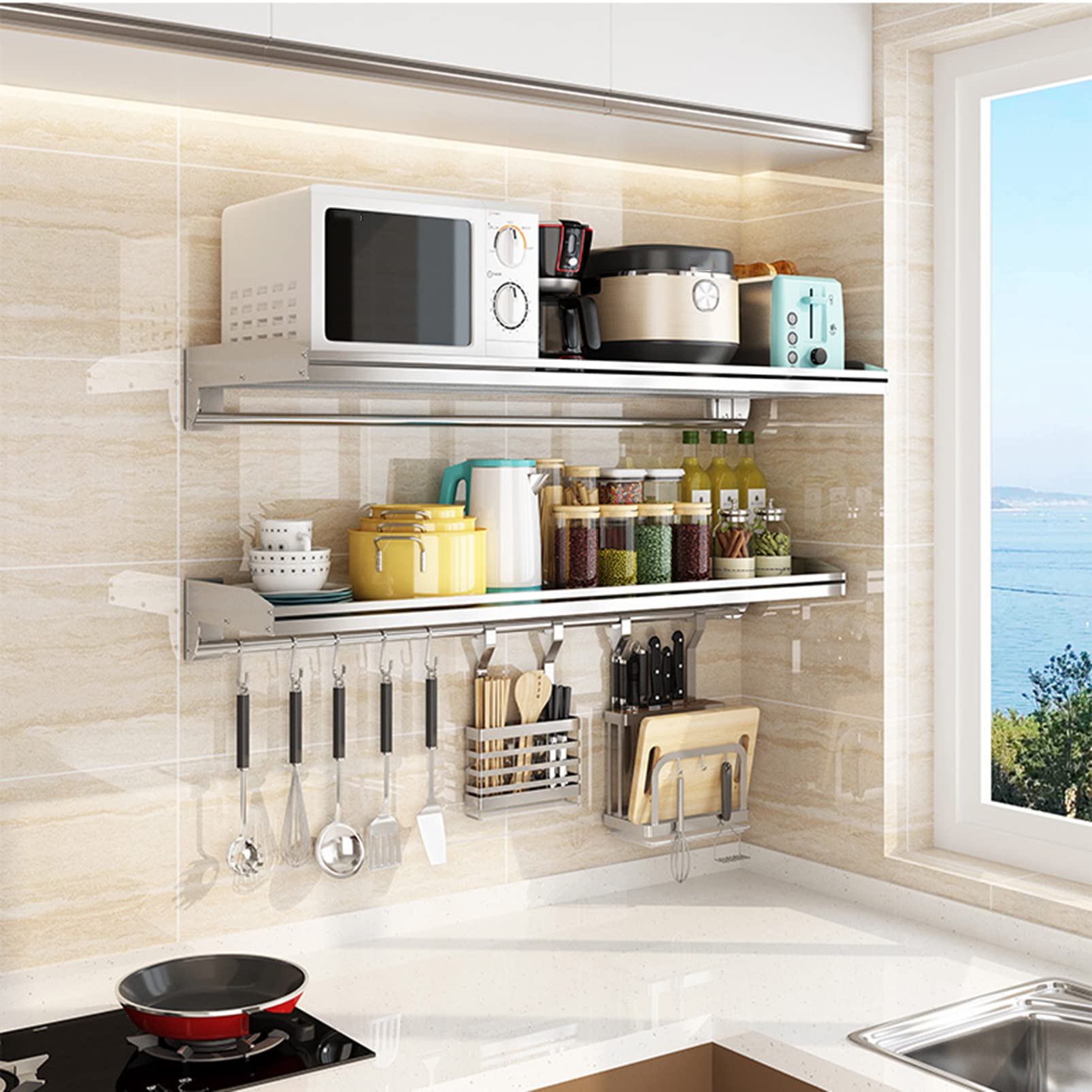 Stainless Steel Wall Mount Microwave Shelf - Multifunctional Kitchen Spice Rack & Bathroom Organizer - Space Saving Storage Solution for Microwave, Spices, Shower Essentials - Perfect for Kitchen, Bathroom, Laundry, Garage Organization