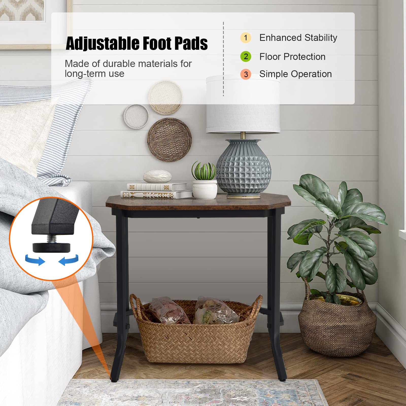 Tangkula Narrow Sofa Side Table - Slim Industrial End Table with Sturdy Metal Frame & Adjustable Foot Pads, Rustic Brown Nightstand for Bedroom, Living Room, Balcony & Entryway - Perfect for Small Spaces, Coffee Table Alternative & Modern Home Decor