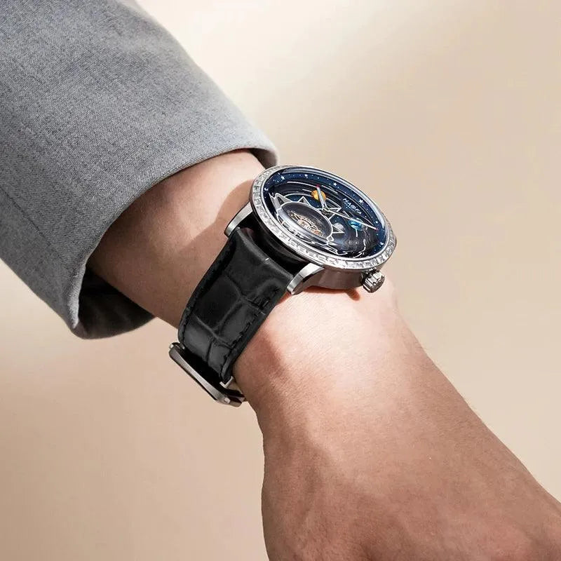 Haofa Men's Automatic Zircon Bezel Flying Tourbillon Watch with Luminous Universe Dial & Double Spring Drive - Luxury Interstellar Design for Business, Formal Events & Collectors (Model 2269)