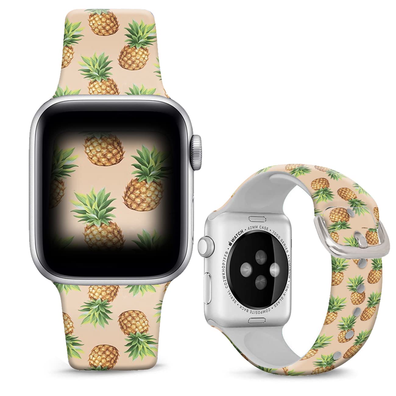 Gold Pineapple Floral Apple Watch Bands for 42mm 44mm 45mm 49mm - DOO UC Silicone Replacement Straps for iWatch Series SE 8 7 6 5 4 3 2 1 - Fade-Resistant Printed Design for Men, Women & Girls - Perfect for Summer, Beach & Tropical Style Outfits