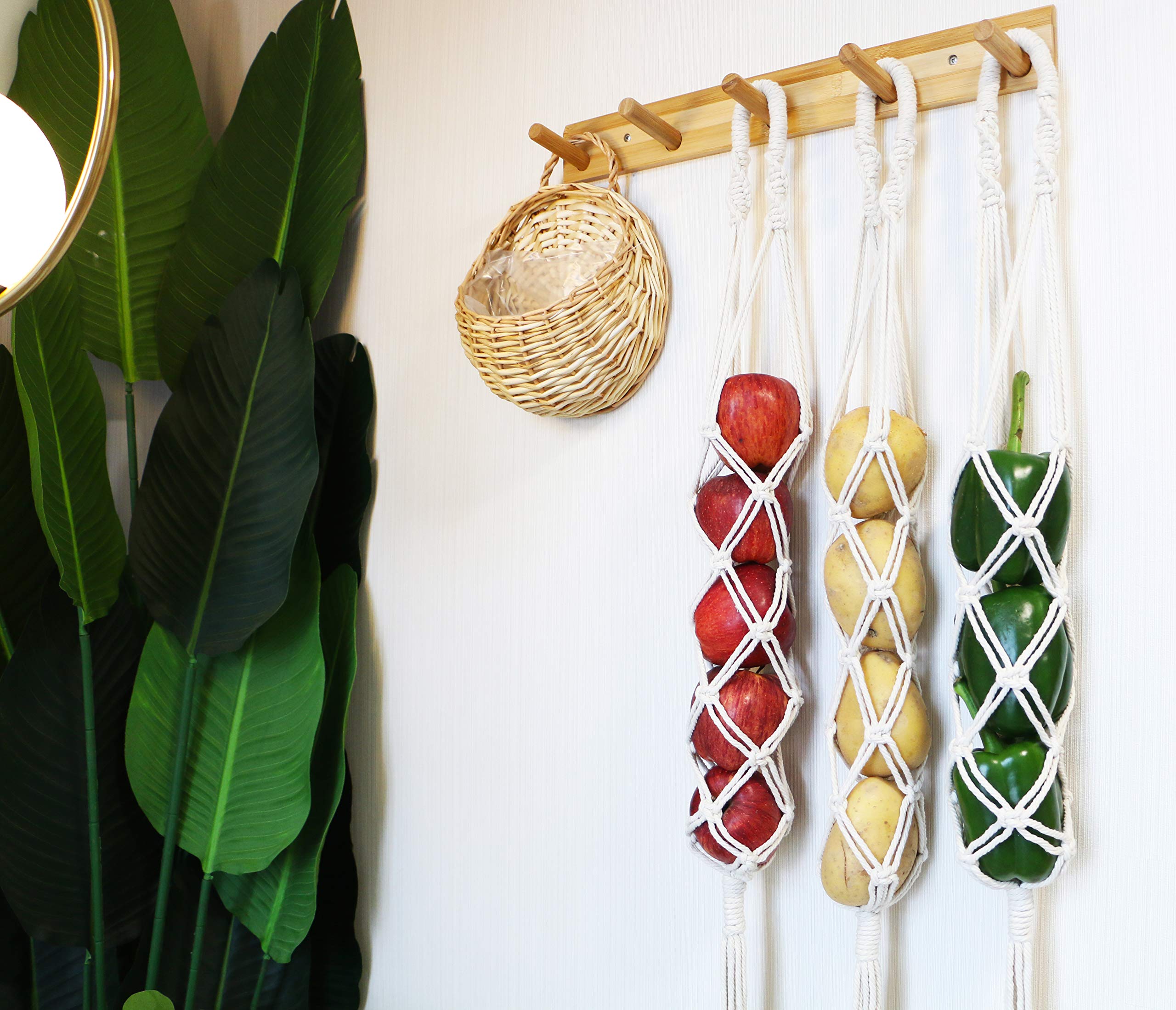 Decocove Macrame Hanging Fruit Basket Set of 3 - Boho Kitchen Storage for Potatoes, Onions & Fruits - Handwoven Wall Decor for Farmhouse, Apartment & Dorm Room - Perfect for Organizing Produce & Adding Boho Chic Style