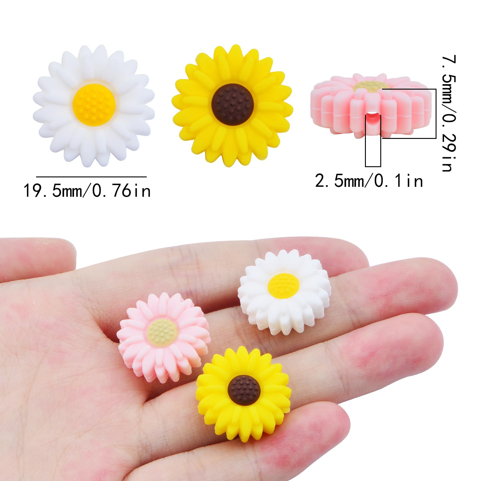 15pcs Sunflower Silicone Beads for DIY Jewelry & Crafts - 20mm Daisy Flower Spacer Beads in 3 Colors, Perfect for Keychains & Lanyards