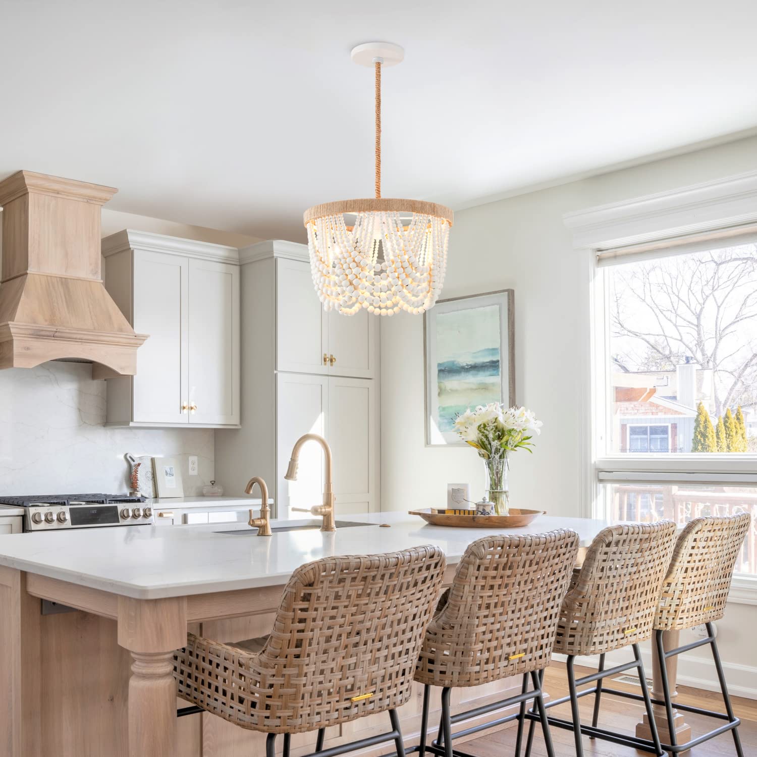 Bohemian Wood Beaded Pendant Light Fixture - Antique Rustic Mini Chandelier with White Finish | Perfect for Bedroom, Nursery, Dining Room, Hallway & Entryway Decor | 3-Light Hanging Ceiling Lamp for Boho Home & Farmhouse Style