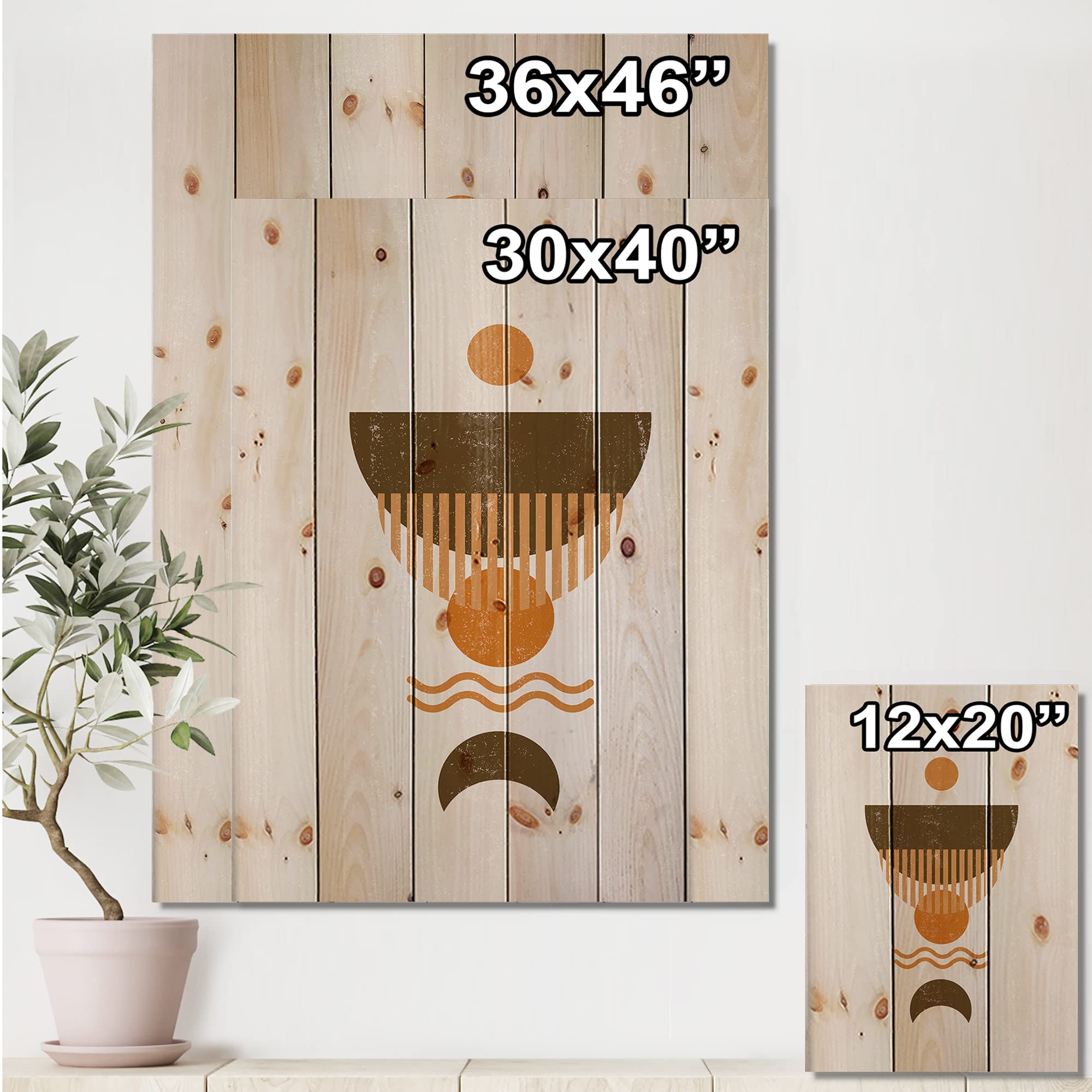 Abstract Minimal Orange Sun & Brown Moon Modern Wood Wall Art - Large Geometric Pine Wood Wall Decor for Living Room, Bedroom & Office
