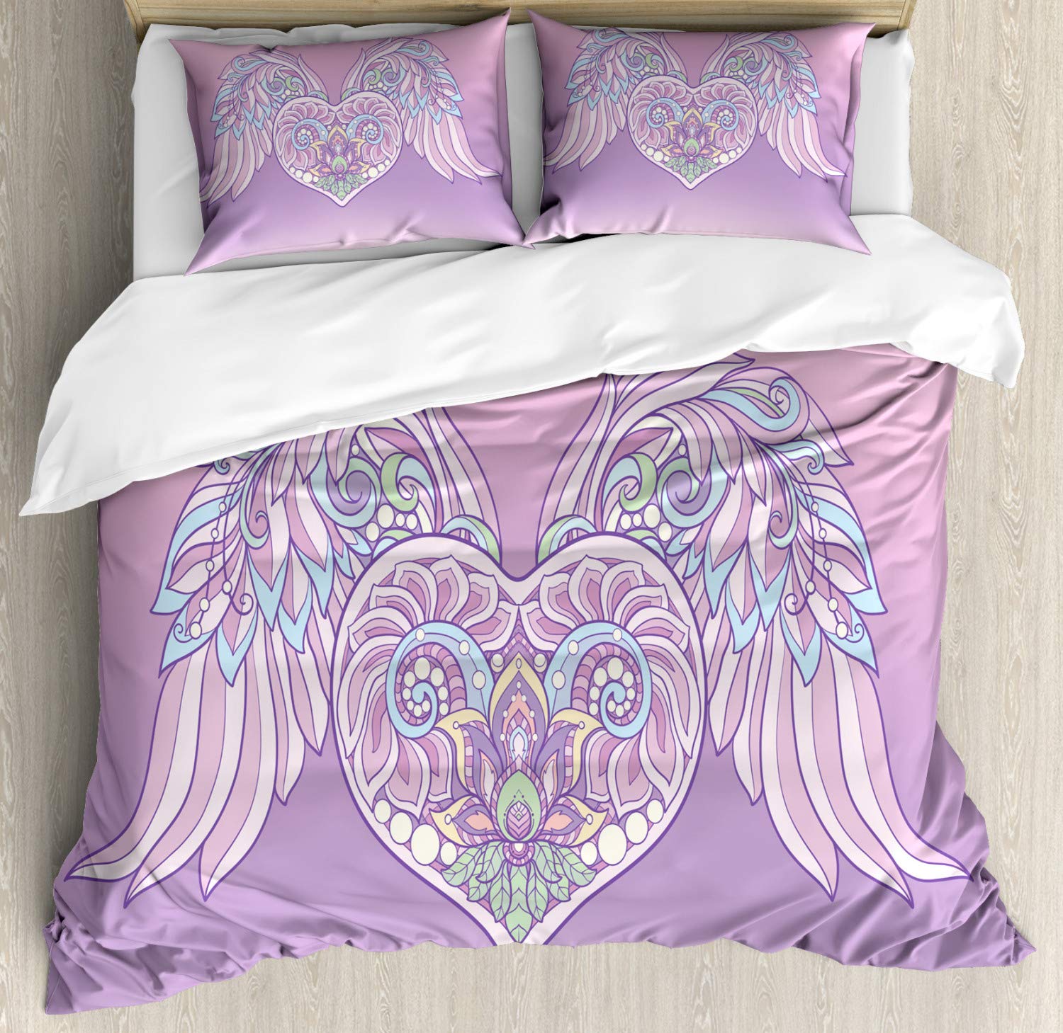 Ambesonne Angel Wings Duvet Cover Set - Ornamental Heart with Feather Wings, Bohemian Pastel Romance Bedding | King Size 3-Piece Set with Duvet Cover & 2 Pillow Shams in Pale Pink Lavender | Perfect for Master Bedroom, Guest Room & Romantic Wedding Decor