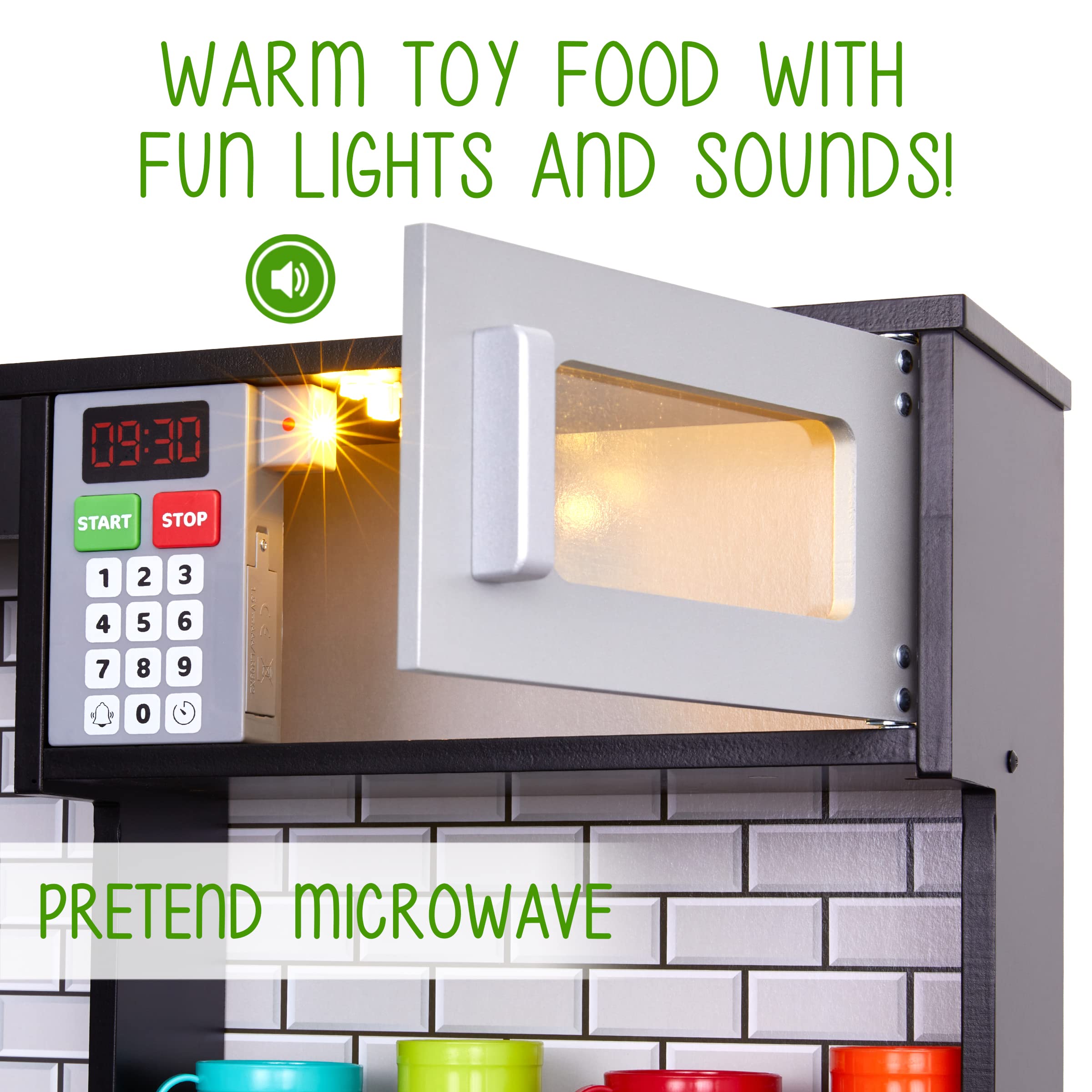 **Lil' Jumbl Kids Wooden Play Kitchen Set with Realistic Sounds & Lights - Battery Operated Icemaker, Burners, Faucet & Microwave - Includes Pots & Pans - Charcoal - Perfect for Pretend Play & Early Learning**